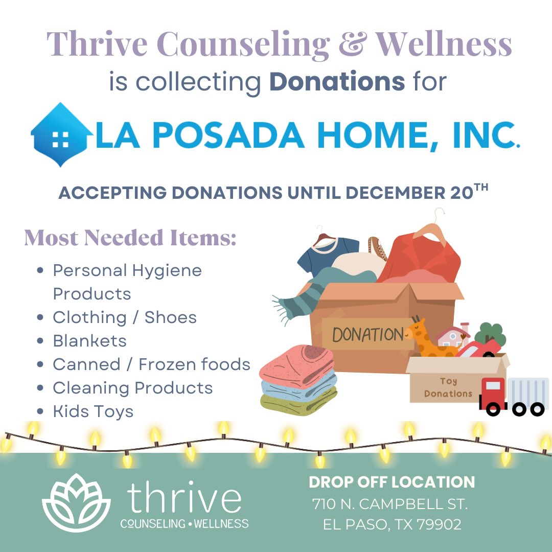 This holiday season we are collecting donations for La Posada Home in central El Paso. New and gently used clothing items are also welcome. If you are in a position to give we’d love your support - it takes a village! ❤️
La Posada Home serves woman and children who are survivors of domestic violence. The average client is a Hispanic females, ages 20-35 who falls in an extremely low income bracket. Many of these women have no high school diploma, with an average of 2 children and are escaping domestic violence.
#elpaso #elpasotx #elpasotexas #elpasotexas915 #elpasostrong #elpasoproud #elpaso915 #elpasosmallbusiness #elpasocommunity