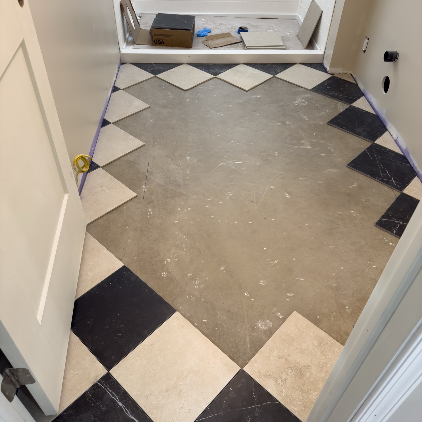 Dry laying this beautiful tile at our lower level State College project 😍 @jrtpaintingremodeling