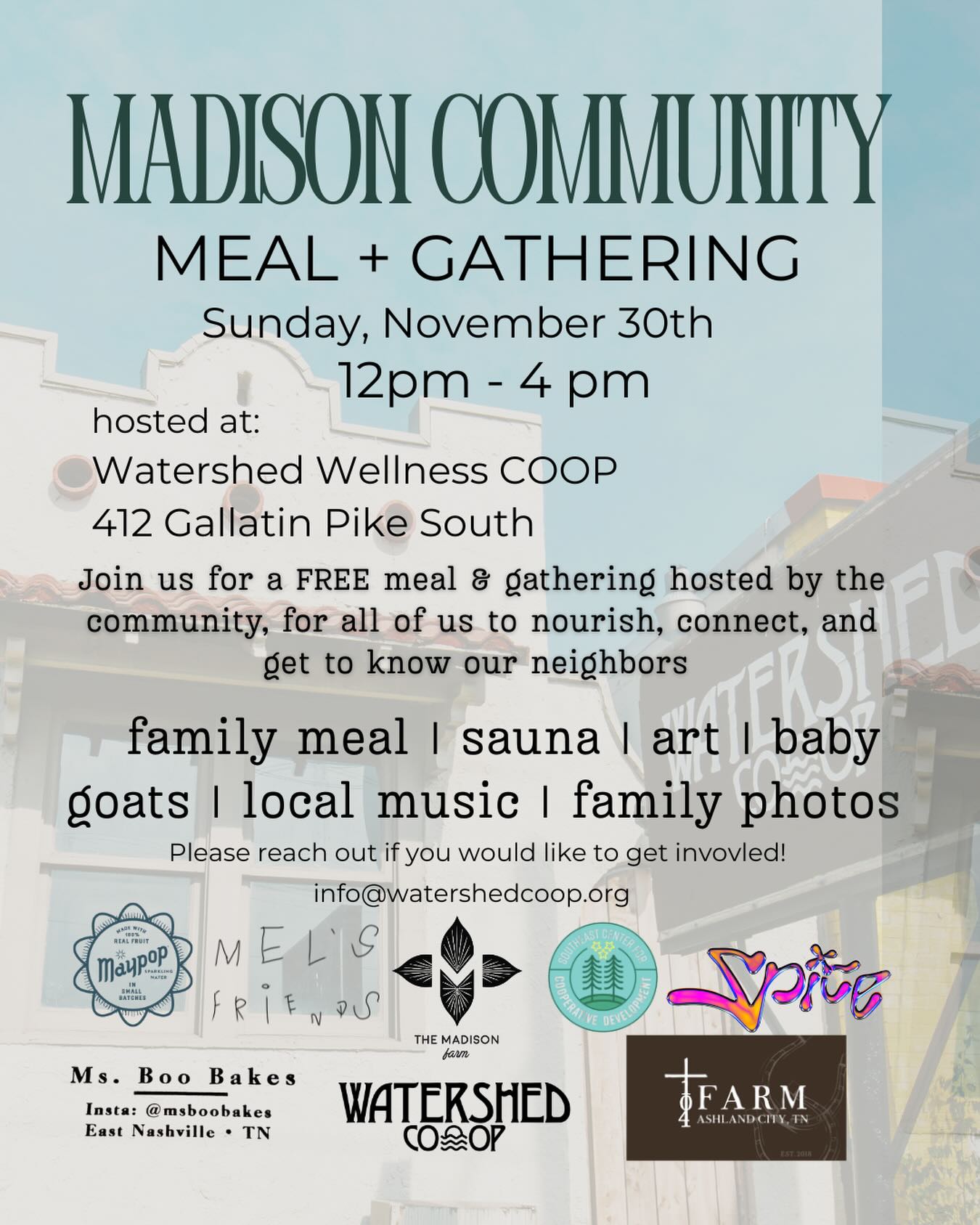 đż FREE Community Gathering: Youâre Invited!
Join us for a celebration of what weâve built together so farâa moment to rest, play, connect, and be nourished. This event is for the whole family.
When: Sunday, November 30th
Where: Watershed Wellness Cooperative, 412 Gallatin Pike South
Who: Everyone. Come as you are.
What Weâre Offering (All Free):
đ˝ď¸ Food to share â nourishment for body and soul
đ Baby goats to play with â because joy matters
đ¨ Art activities â for all ages and skill levels
đ¸ Free family portraits â capturing this beautiful season, even if resources are scarce.
đ§ Sauna experience â Come experience our Sauna! Maybe youâve never been in a sauna before and want to try something new? Maybe youâd benefit from a shower and some healing steam? Maybe you just need a quiet moment to tend to yourself? In many cultures, the sauna is a family space where all generations learn to be embodied togetherâconsider this your invitation into wellness and presenceâwe have everything you would need to have the full experience. Come as you are.
Everything is offered at no cost. Though, if youâre able to contribute, any proceeds will go directly to the incredible vendors and volunteers who are giving their time, space and talent. As a cooperative, we believe all labor deserves to be valuedâand while these amazing folks are showing up freely, supporting them is a gift we can give together.
Donations may be given through our link in BIO.
Thank you for pouring into the Madison community. You are the reason this works.