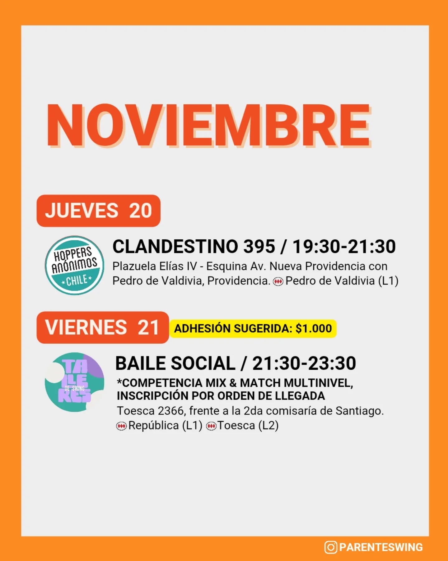 ✨Todos los eventos son gratuitos y abiertos a todo público, a menos que se indique valor de entrada 💸
‼️Cualquier modificación o nuevo evento en los comentarios👇🏻 y/o por historias 👆🏻
🤔 Qué es una Jam, Clandestino o Baile Social?
Una instancia donde fanáticos de los bailes swing (Lindy hop, Balboa, Shag, Solo jazz) se reunen a compartir, hacer comunidad y a la vez, practicar.
❌ Las actividades publicadas NO son instancias de clases para aprender a bailar, a menos que se indique “Taller” o “Clase Abierta”.
👀 Quieres aprender a bailar?
En nuestra historia destacada “CLASES” está toda la información y formularios de inscripción a los cursos del mes de las escuelas de bailes swing ✨
Nos vemos en la pista! 💃🏻🕺🏻🔥
#danzachile #lindyhopchile #swingchile #bailechile #eventoschile #danzasantiago #santiagodechile #panoramasgratis #swingdancechile #swingdancingchile #lindyhopperschile #panoramasgratis #panoramagratis #santiago