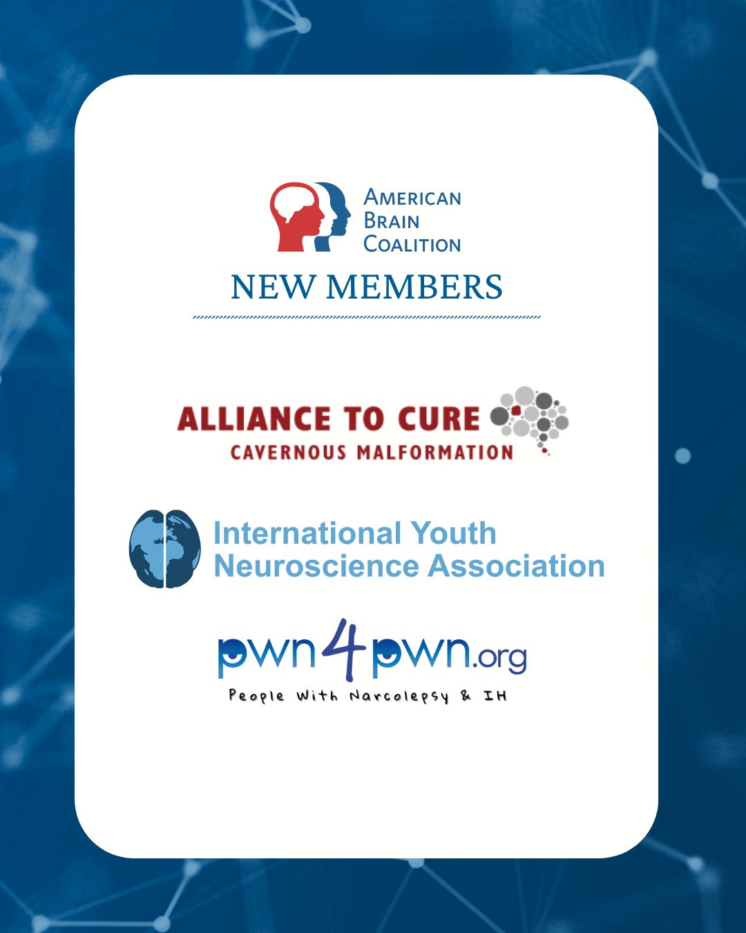 We are thrilled to welcome @alliancetocure, @iyna_official, and @pwn4pwn as our newest members of the American Brain Coalition! Their passion and expertise will strengthen our collective mission. Be sure to follow and support our new partners as we work together to make a difference. #AmericanBrainProud