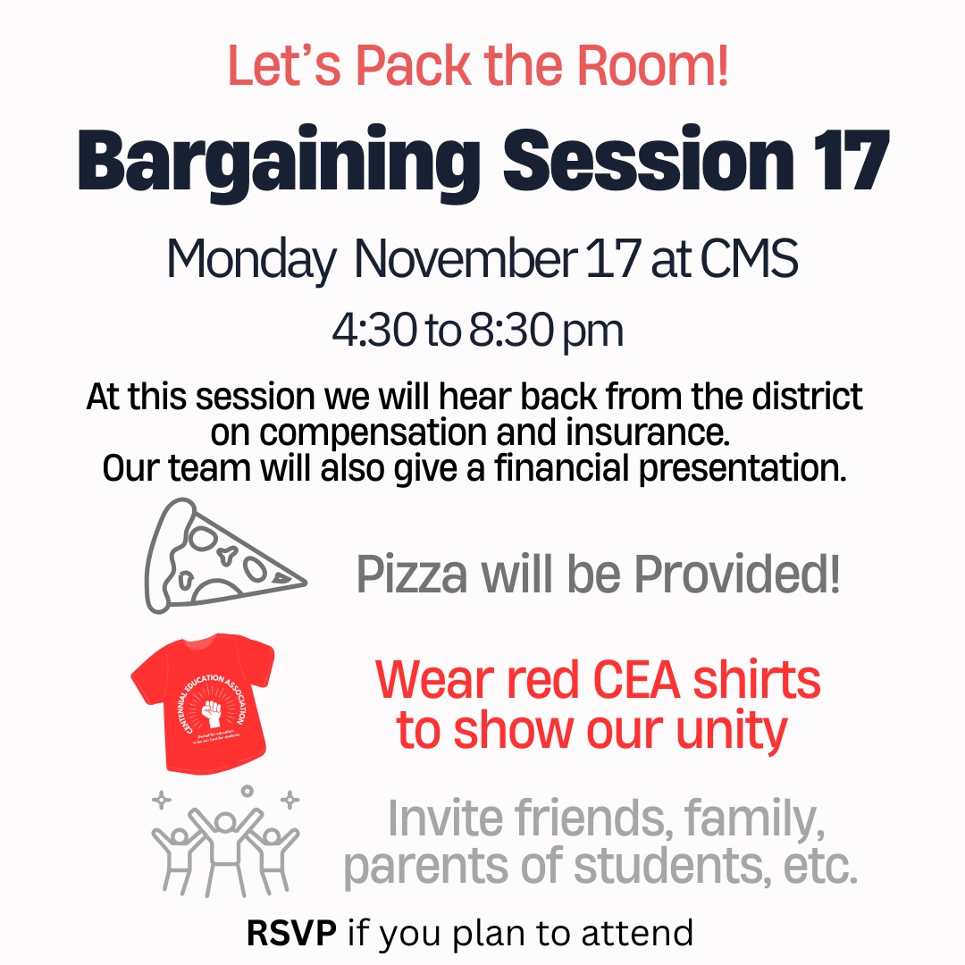 Our final planned bargaining date is Tomorrow - Monday November 17th from 4:30 to 8:30 pm at Centennial Middle School.
After 10 months of bargaining, we are down to the most important issues in our contract - compensation, workload, and calendar / workday. We will see how the district responds to needs of our educators and students.
We welcome ALL supporters to attend - community members, parents of CSD students, labor siblings, etc.
Pizza will be provided in the early hours of the session.
RSVP link in bio + on stories