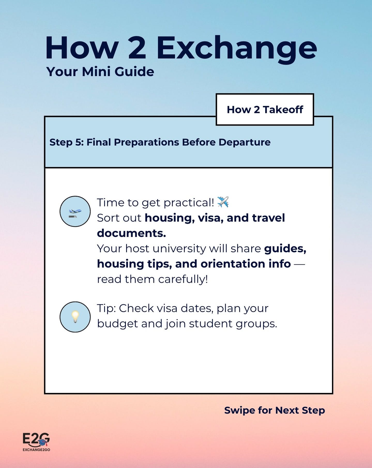 Almost ready for takeoff? 🚀
We’re breaking down the final steps before your exchange - and what to do once you’re back home! 🌎🤍
Swipe through to stay on track ✈️
Find more tips and insights on exchange2go.ch and share your own experience with us! 😌
P.S. Where are you in your exchange journey? Tell us in the comments! 💬
#exchangesemester #uzh #studyabroad #austauschsemester #exchange2go