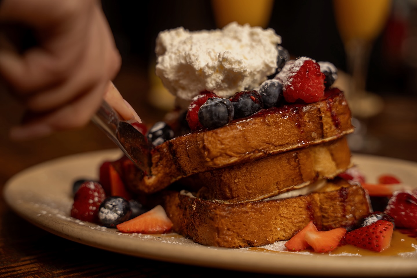 stuffed french toast heaven 🍓🥞 brioche bread, cream cheese, whipped cream, fresh berries, ....