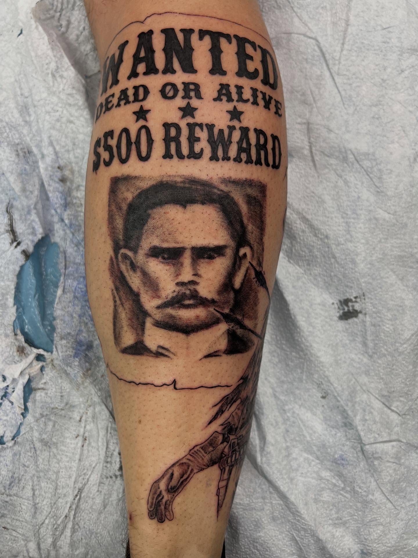 Started this western theme leg sleeve today… can’t wait to add more to it.. #tattoo #tattoos #blackandgreytattoos #westerntattoos