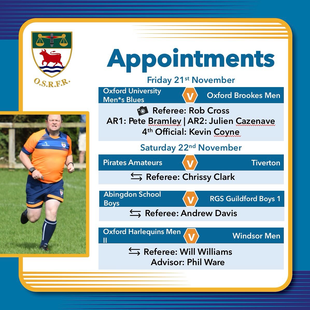 EDIT: Hands up whose day hasn’t gone to plan!
Anyway - hopefully now the upload issues are resolved and I can correct some appointments for this weekend:
Meanwhile… this weekend’s fixtures and appointments have been a challenge (my tech issues notwithstanding) so we need to send out a HUGE thanks and special shouts out to our neighbouring societies: @berkshire_rugby_refs and @bucksrfurs who have both lent us referees on exchange to cover matches.
We also have a formal exchange with @cornwallrfu so welcome to the incoming referees and go well to everyone out there this weekend.
There may well be more changes before things actually kick off, so do check back in and see who’s covering your match this weekend.
@oxfordquins @windsor_rugby_club_official @cornishpirates @tivertonrugby @wildboysoutlaws_crfc @chinnorrfcthame @wallingfordrfc @gosfordallblacks @bicesterrufc @oxfordrfc @bletchleyrufc @grove_rugby @newbury_rfc @wheatleyrufc @tadleyrfc @perranrugby @cornishallblacks @didcotrufc @banburyrugbyclub @witneyrfc_official @chipping_norton_rfc @harwellrufc @buckingham_rufc_official_ @stowrfc @farnhamroyalrfc @littlemore_rugby_club @didcotrufc @aylesburyrfc @newburywomensrfc @maidenheadrfc @reading_rfcgirls