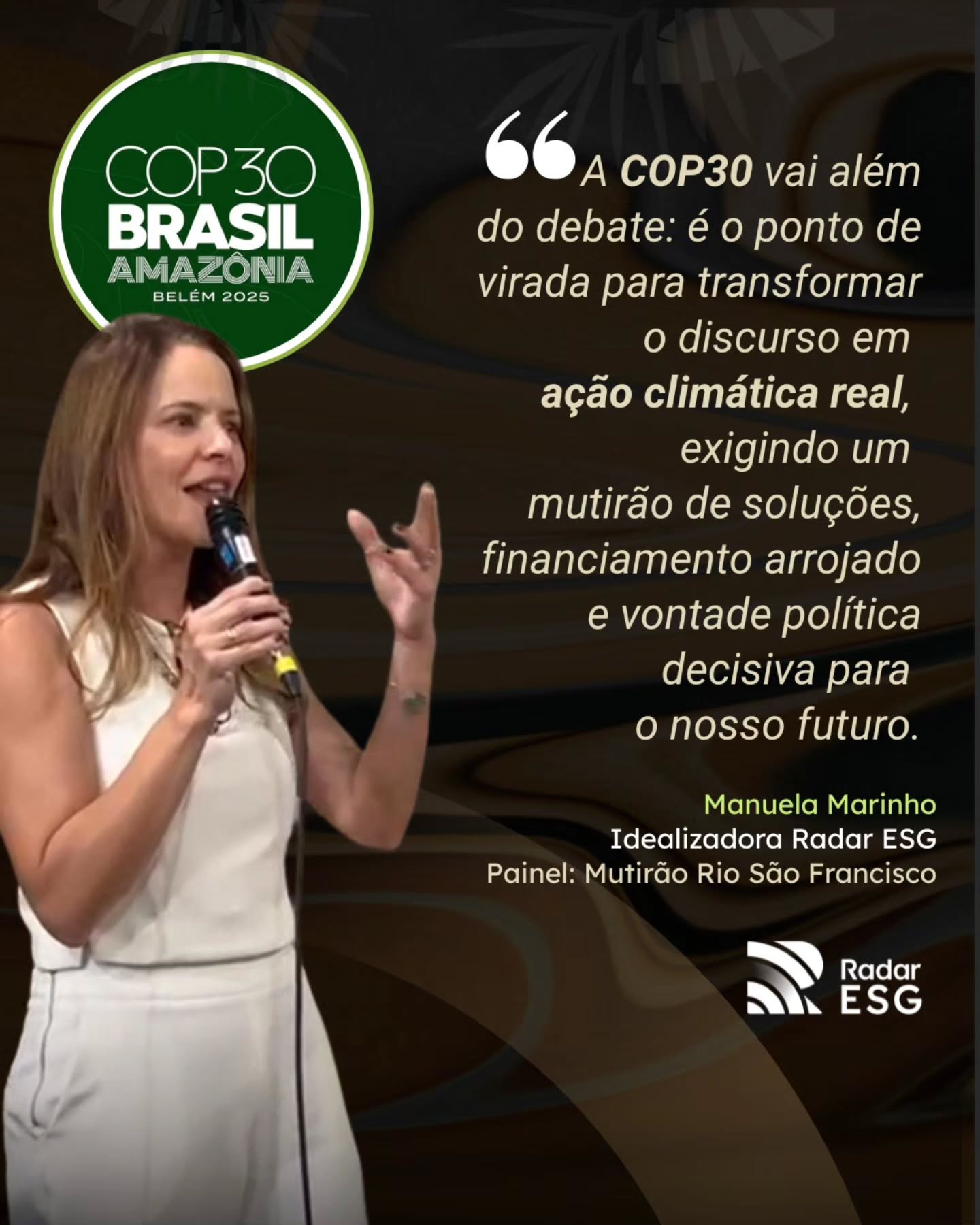 Manuela Marinho participa da COP30 também como palestrante, e explica:
"Participar de uma COP30, além de dar oportunidade de ouvir, discutir e debater com os vários atores que influenciam na cadeia produtiva, mostra a necessidade de políticas públicas e financiamentos mais arrojados para alcançarmos as metas globais.
Ainda reforça a necessidade de um verdadeiro mutirão de soluções, instituições e vontade política”.
#RadarESG #ESG #COP30 #clima #riosaofrancisco