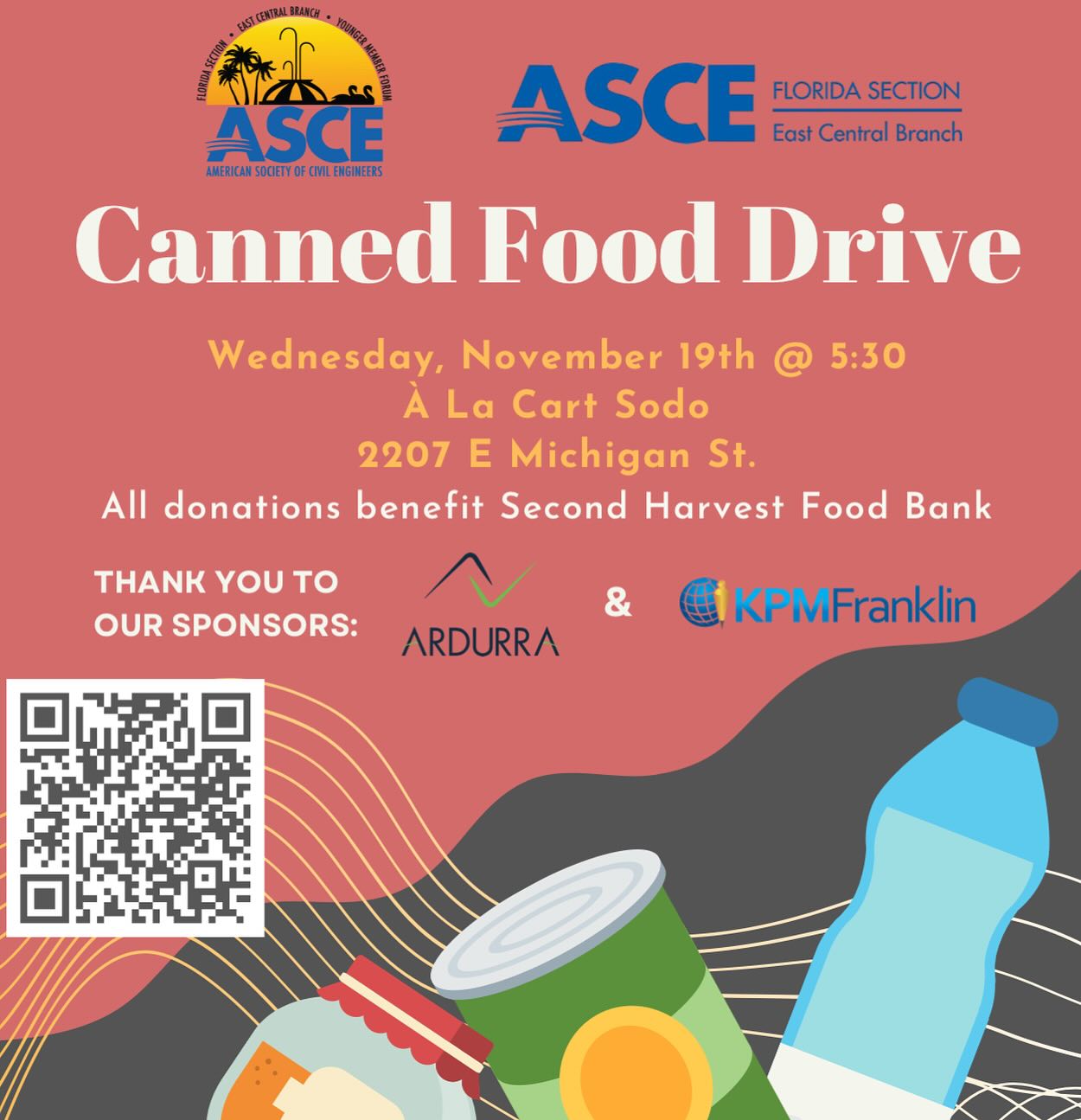 Join ECB and @asce.ecb.ymf for a Food Drive and Happy Hour this Wednesday! We will be collecting non-perishable items for Second Harvest Food Bank. Appetizers and your first drink are free thanks to our sponsors @ardurra and @kpmfranklin