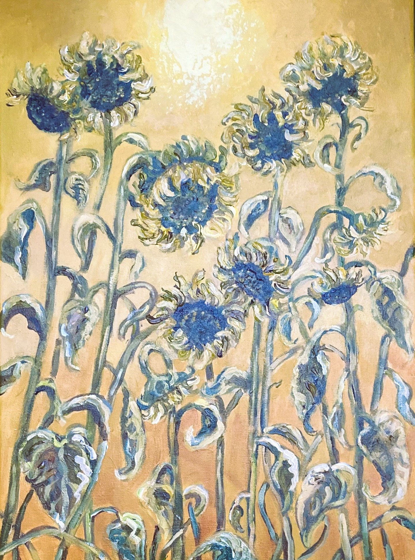 Sunflowers :This piece depicts dying sunflowers, their once vibrant petals now withered, against the backdrop of a setting sun. The use of colour brings texture and depth to the scene, capturing the fleeting beauty and melancholy of the moment.# sunflowers #goldensunflowers #driedsunflowers #fieldofsunflowers #nature #texture #painting #yellow #newart
