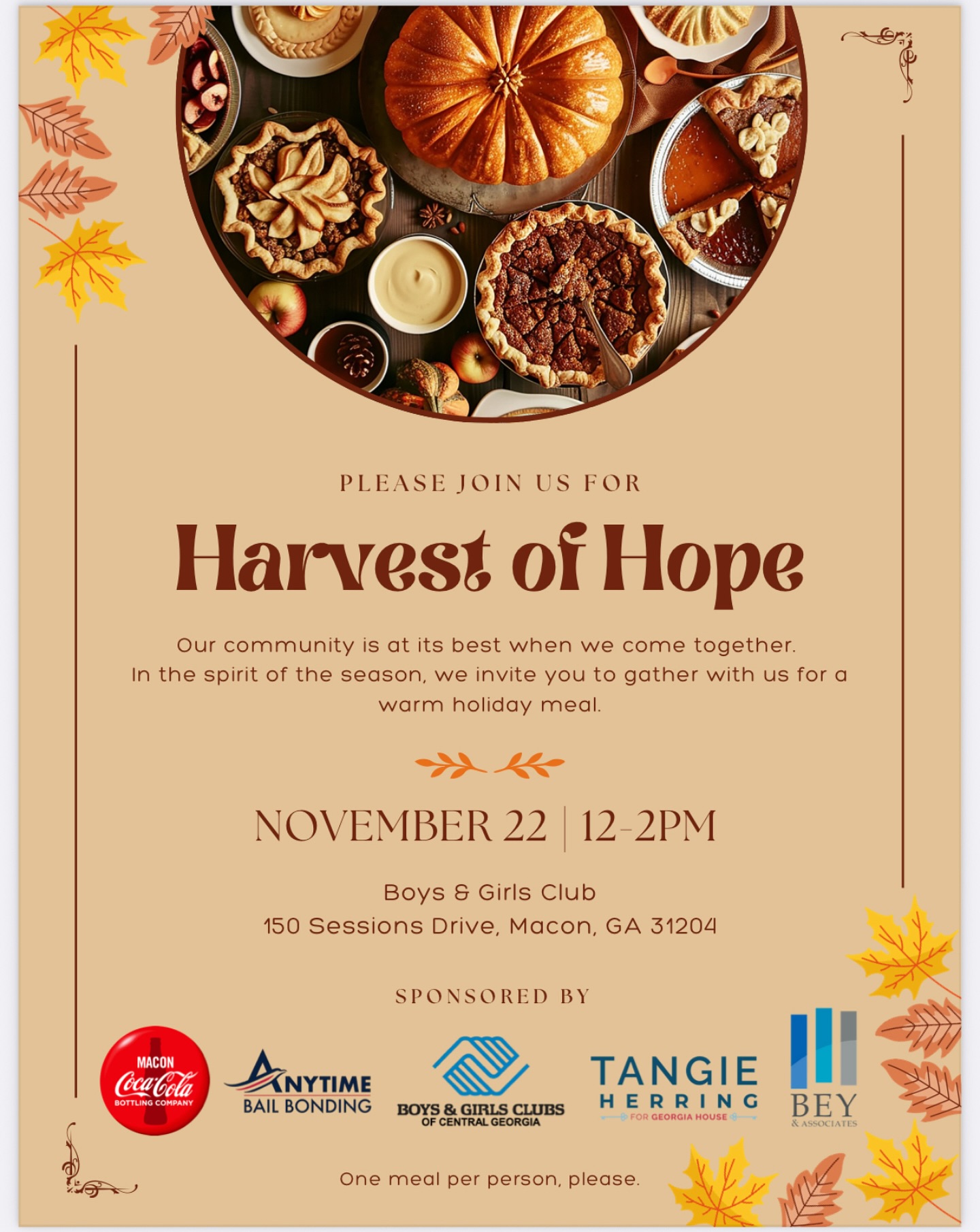 Join Us for a Community Meal on Saturday, November 22, 2025 🍽️
We are excited to invite you to a special event in collaboration with @tangieforgeorgia, @beyandassociateslaw, @anytimebailgeorgia, and @maconcocacola! Together, we are providing 300 hot meals to the Central Georgia community.
Event Details:
Date: Saturday, November 22, 2025
Time: 12:00 PM - 2:00 PM
Location: The Buck Melton Center, 150 Sessions Drive, Macon, GA 31204
This generous initiative is open to everyone in the community, offering a warm and delicious meal. We look forward to welcoming you and sharing this moment of community togetherness.
Please remember that meals are limited to one per person.
We hope to see you there!
.
.
.
CommunityMeal #CentralGeorgia #TogetherWeServe #CocaColaMacon #tangieherring #BGCCG #beyandassociateslaw #anytimebailbonds