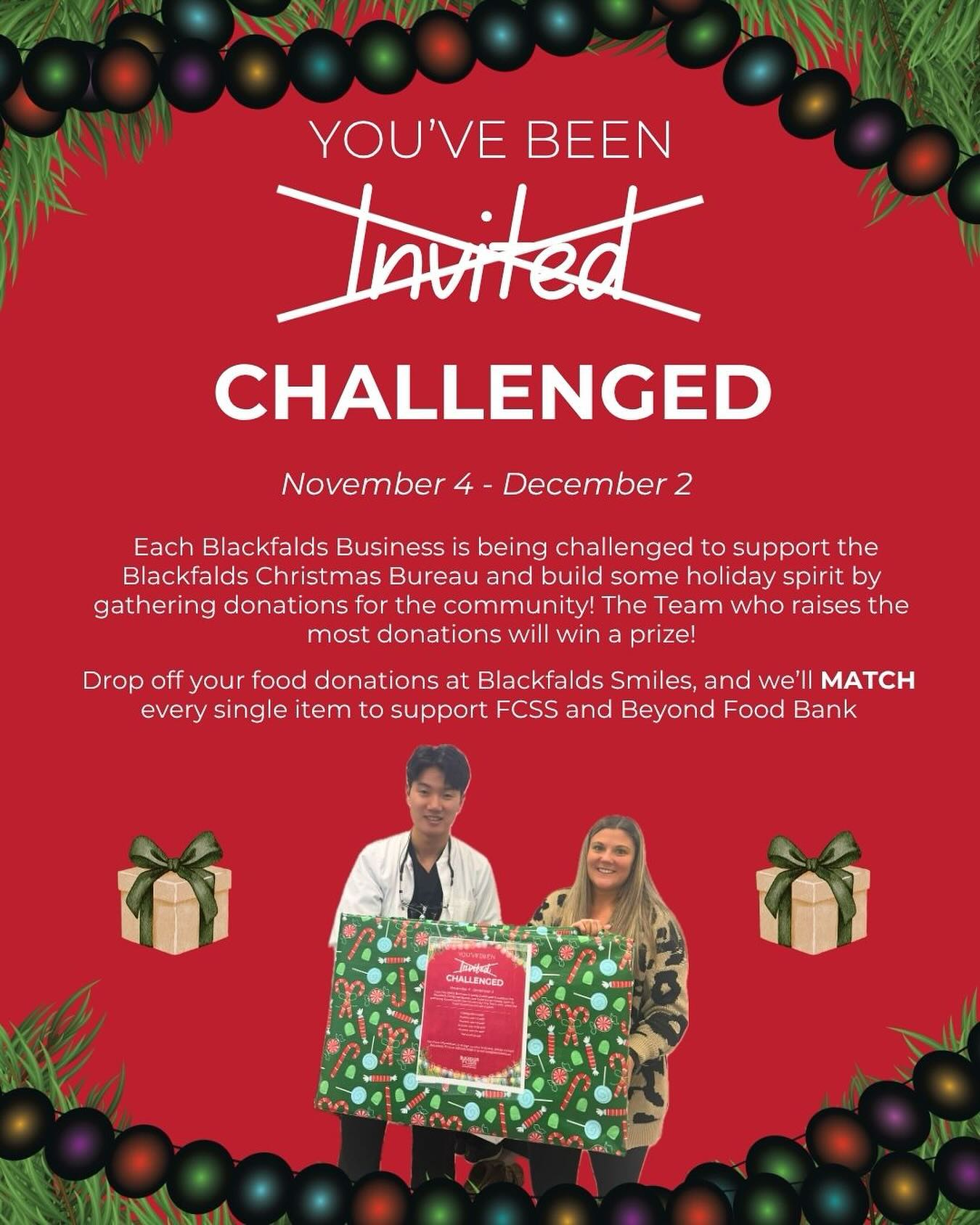 ๐จ CHALLENGE ACCEPTED, BLACKFALDS! ๐จ
๐ Weโre DOUBLING the giving this holiday season! ๐ฅซโจ
Bring your food donations to Blackfalds Smiles, and weโll MATCH every single item to support @blackfaldsfcss and @beyond_food_community_hub ๐
Every can countsโฆ
and counts twice when you drop it off here ๐
Letโs fill those shelves and spread some serious holiday cheer! ๐โจ
๐
Donations accepted until Dec 3rd
๐ Holiday Hamper Wish List
๐ฅ Potatoes
๐ฆ Turkeys
๐ Ham
๐ Oranges
๐ฅซ Canned Veggies
๐ Canned Fruit
๐ช Cookies
๐ง Juices
๐ง Stuffing Mix
๐ Gravy (packets/cans)
๐ซ Cranberry Sauce
๐ฆ Other Non-Perishables