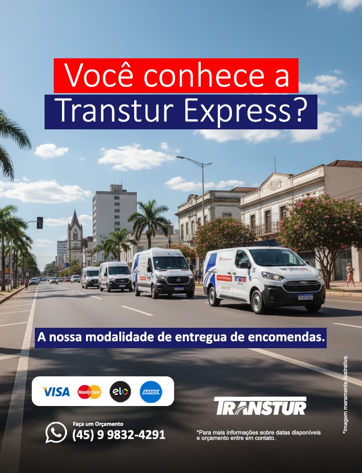 🚚✨ Você já conhece a Transtur Express?
A modalidade perfeita para quem precisa de entregas rápidas, seguras e eficientes. Atendemos com responsabilidade, agilidade e uma frota preparada para garantir que sua encomenda chegue onde precisa, no prazo certo.
🔵 Transtur Express: sua entrega em boas mãos.
Entre em contato e solicite seu orçamento:
📲 (45) 9 9832-4291
Aceitamos cartões Visa, MasterCard, Elo e Amex.