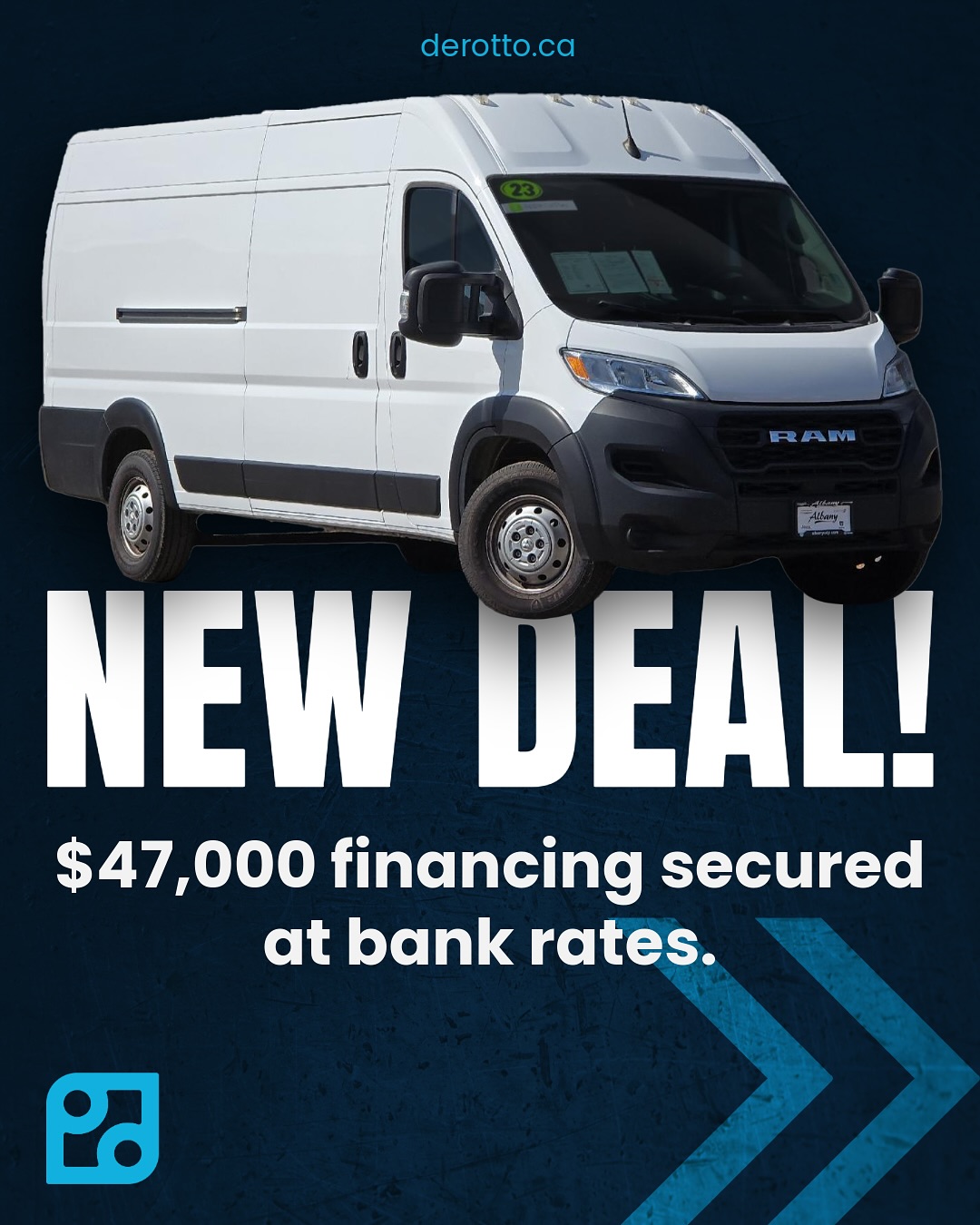 DEROTTO recently secured $47,000 in financing for a 2023 Dodge Ram ProMaster 3500 Cargo Van, at true bank rates. We stepped in during a competitive situation with the vendor and were able to deliver a stronger financing structure at a lower rate.
Many business owners assume vendor financing is always the best option, but that’s not always true. With access to a wide network of banks and credit unions, DEROTTO can often secure better numbers and more flexibility.