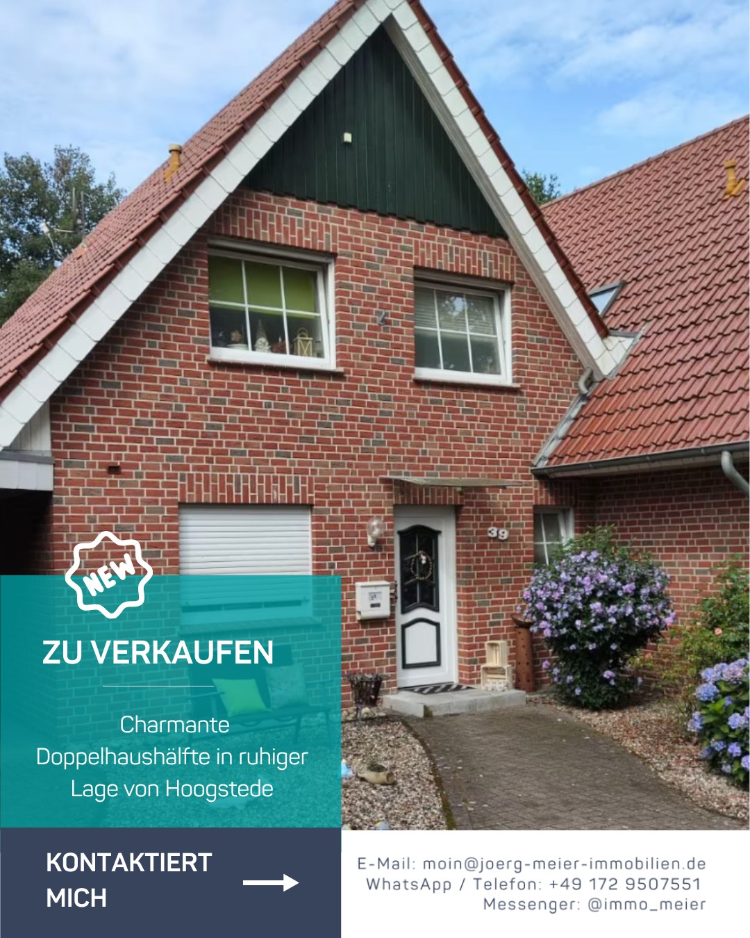 🏡Charmante Doppelhaushälfte in ruhiger Lage von Hoogstede
Baujahr 1995 | ca. 95 m² Wfl. | 320 m² Grundstück | 4 Zimmer (3 Schlafzimmer) | 249.000€ VB
Am Ende einer Sackgasse mit Wendehammer gelegen – perfekt für Familien mit Kindern oder alle, die eine verkehrsberuhigte Umgebung schätzen.
✨Highlights:
-Heller Wohn- & Essbereich mit Zugang zum Garten
-Gepflegter Garten mit überdachter Terrasse
-Separate Küche
-3 gut geschnittene Schlafzimmer
-Gäste-WC
-Moderne Heizungsanlage (Bj. 2020)
-Carport & Keller
Beliebte Wohngegend in Hoogstede: Einkaufsmöglichkeiten, Schulen, Kindergarten und ärztliche Versorgung sind schnell erreichbar. Die grüne Umgebung lädt zu Spaziergängen und Fahrradtouren ein.
Gepflegt, gemütlich & bezugsfertig, hier kannst du direkt einziehen oder es als Kapitalanlage nutzen.
Interesse? Jetzt melden & Besichtigung sichern!
🧾 Käuferprovision: 3,57% inkl. MwSt.