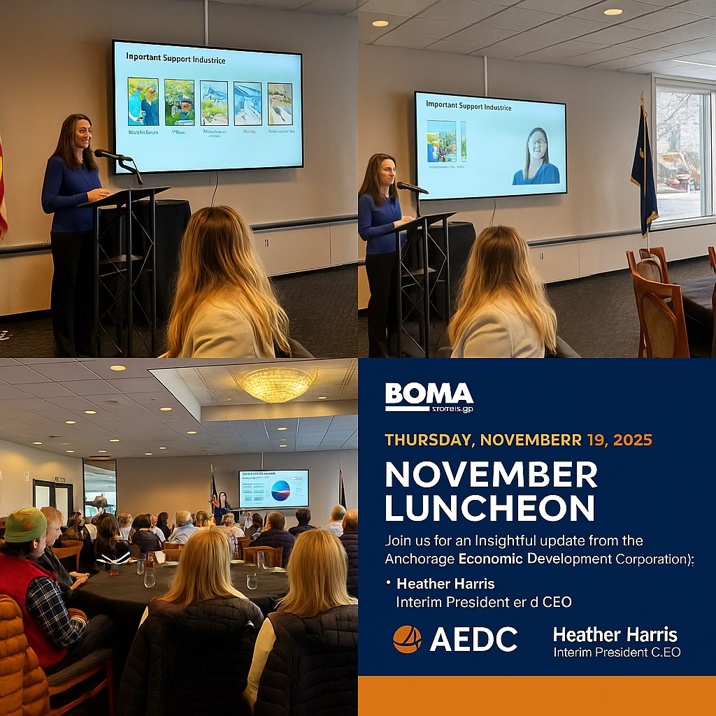 Such a great turnout at today’s BOMA Anchorage luncheon!
Thank you to Heather Harris from AEDC for the powerful update on our local economy.
We love seeing our community show up, connect, and support each other.
#BOMAAnchorage #AEDC #AnchorageEvents #EconomicTrends #AlaskaBusiness