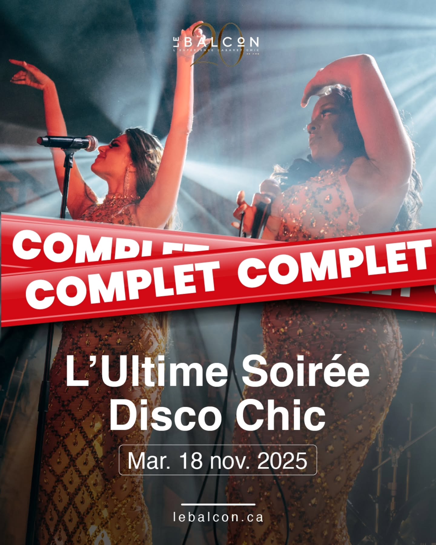 🛑𝗖𝗼𝗺𝗽𝗹𝗲𝘁 𝗰𝗲 𝘀𝗼𝗶𝗿 !
Merci pour cet engouement incroyable.
Bonne nouvelle : il reste encore quelques places pour la prochaine date du 22 novembre. Réservez maintenant avant que ce soit complet www.lebalcon.ca/ultime-soiree-disco-chic