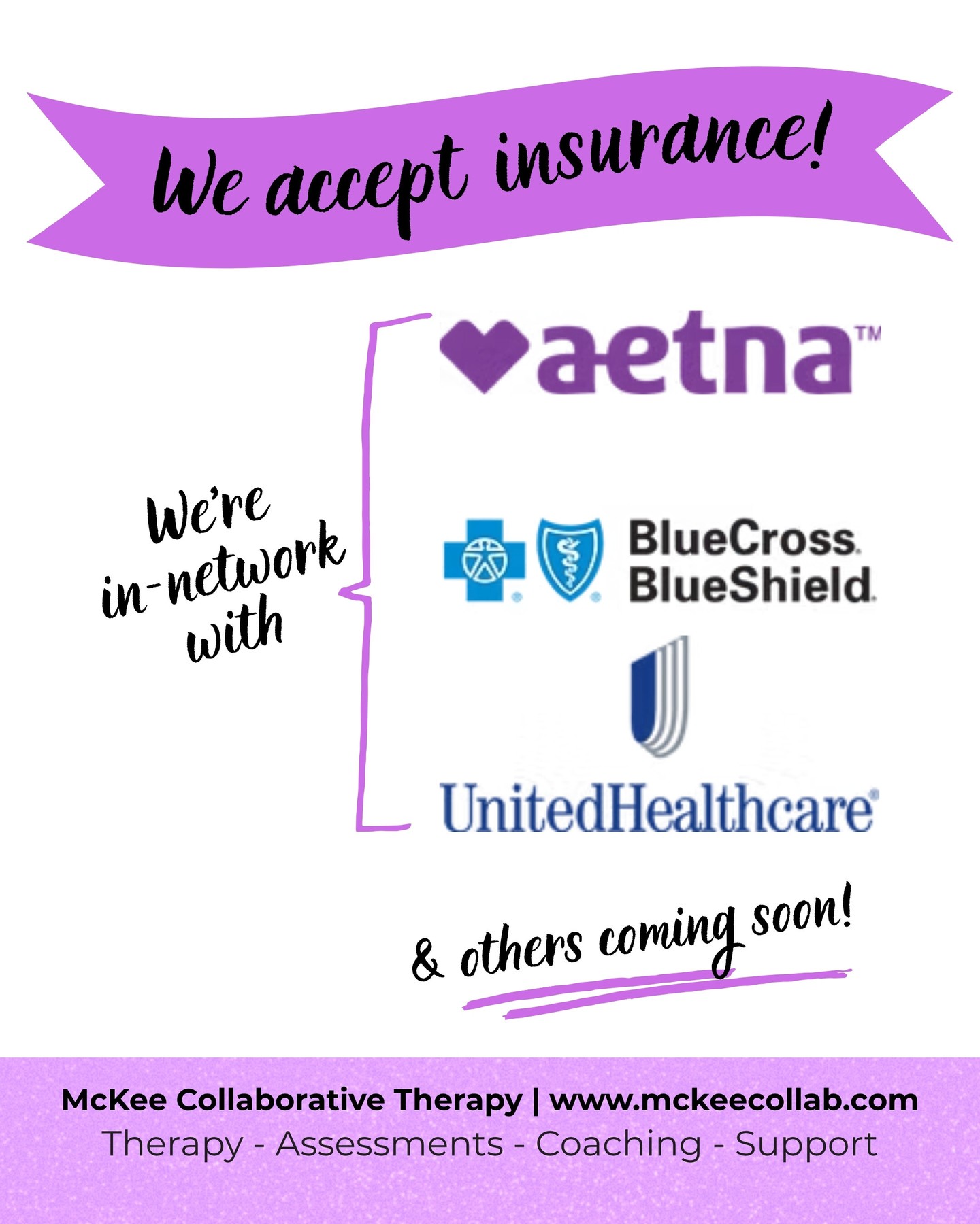 McKee Collaborative Therapy accepts insurance!
We are committed to making mental health care accessible and attainable for everyone. While many practices choose not to accept insurance, we see partnering with insurance providers as one way to reduce barriers and honor our commitment to inclusive, client-centered care.
We are currently in-network with:
☑️ Aetna
☑️ BlueCross BlueShield (BCBS)
☑️ United Healthcare (UHC)
...with others coming soon - please stay tuned!
Reach out to us about using your insurance for therapy, assessments and other services. We're also happy to help you better understand your options if we're considered out-of-network with your plan!
#durhamnc #nctriangle #northcarolina #mentalhealthsupport #therapist #parenting #psychologicaltesting #executivefunctioning
