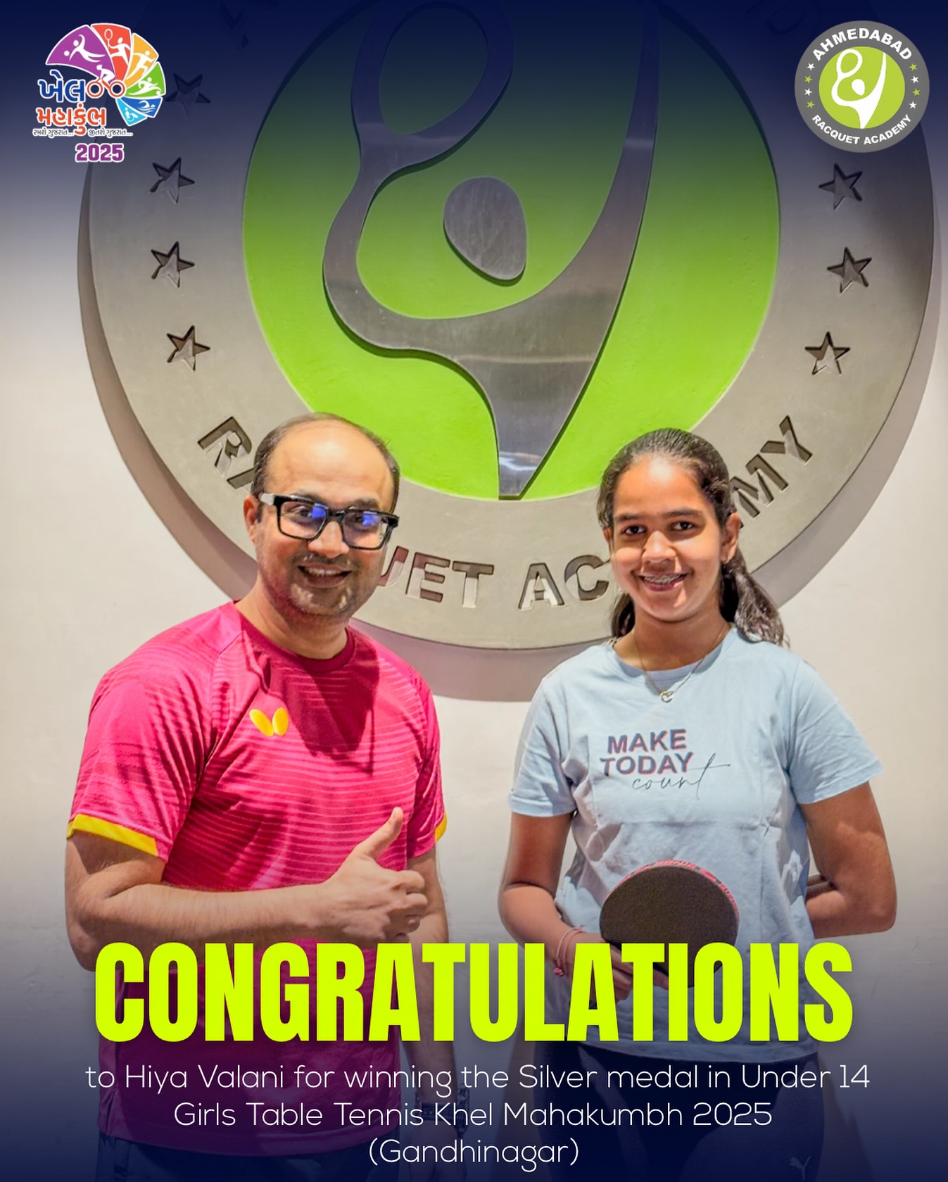 Shining bright on the big stage!
Congratulations to Hiya Valani for winning the Silver Medal in the Under 14 Girls Table Tennis – Khel Mahakumbh 2025 (Gandhinagar).
Your commitment and passion are truly inspiring. Keep rising, Hiya!
#KhelMahakumbh2025 #ARA #AhmedabadRacquetAcademy #TableTennis #GirlPower #SilverMedalist #RisingStar #YouthTalent #Gandhinagar