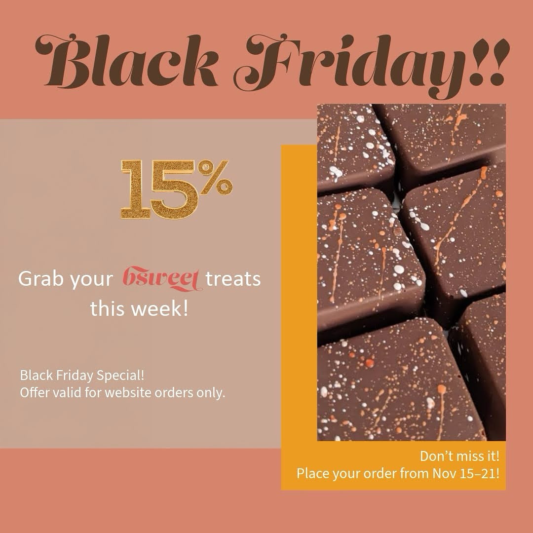🧡Black Friday at Bsweet! 🧡
For a limited time, enjoy special prices on our Honey Cake, Marshmallow Bites, and Bem-Casados — the perfect treats to delight yourself or gift someone this week!
📅 Promo dates: November 15-21
🛒 Order at: www.bsweettoronto.com
🚚 Delivery or Pick-up: All orders must be delivered or picked up by November 22
This offer is valid for website orders only, and quantities are limited — so don’t wait too long!
Let’s make this Black Friday extra sweet. 🍫
#BrazilianTreats #HoneyCake #BemCasado #TorontoSmallBusiness #ShopLocalToronto #HolidayTreats #blackfridaytoronto