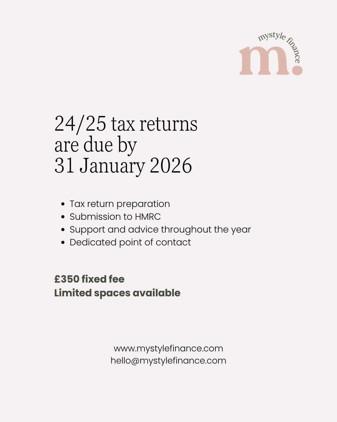 Your 2024/25 tax return is due by 31 January 2026. If you’d like it taken care of early, we have a few spaces available.
We’ll prepare your tax return, submit it to HMRC, and give you support and advice throughout the year.
The fee is fixed at £350.
If you’d like a spot, send a message or email hello@mystylefinance.com and we’ll get you booked in. 🙌
#taxreturn
#selfassessment
#selfemployeduk
#freelanceruk
#smallbusinessuk
#womeninbusinessuk
#ukbusinessowner
#selfemployed
#taxhelp
#freelancertax
#taxtipsuk
#smallbizuk
#solopreneuruk