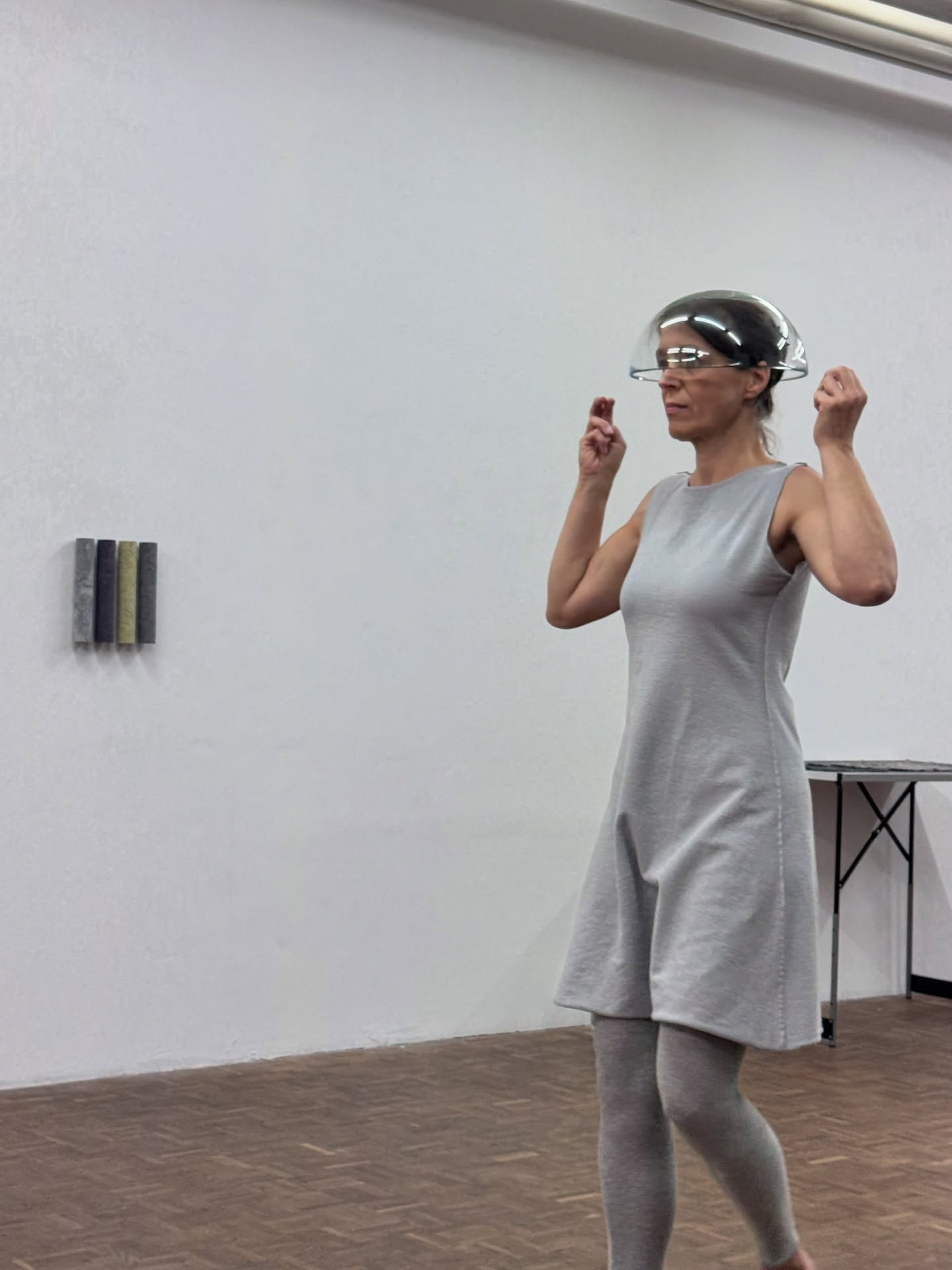 Fotos: Charles Moser©️Claudia Bucher
Performance von Claudia Bucher im B74 Raum für Kunst/15. Nov. 2025, 17.00 Uhr Ausstellung von Elke Neumann „….sammeln……falten……mischen….“ „Die Performancekünstlerin Claudia Bucher tritt in der Ausstellung von Elke Neumann in einen dialogischen Austausch mit deren Werken.
Aus dem von mehreren Bekannten der Künstlerin gesammelten Rohmaterial – Tumbler-Flusen – entwickelt Claudia Bucher eine Performance, die Neumanns Schaffen um weitere Ebenen und Assoziationen erweitert.“
