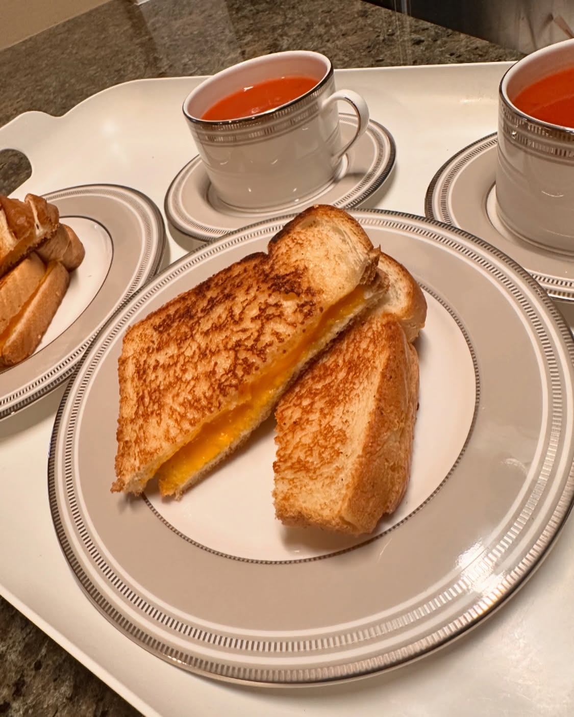 Grilled cheese and tomato basil soup on my finest china for the littles 💕💕#comfort #breakfast #momlife #cheflife #soup #sandwich #cheese #love #HBD