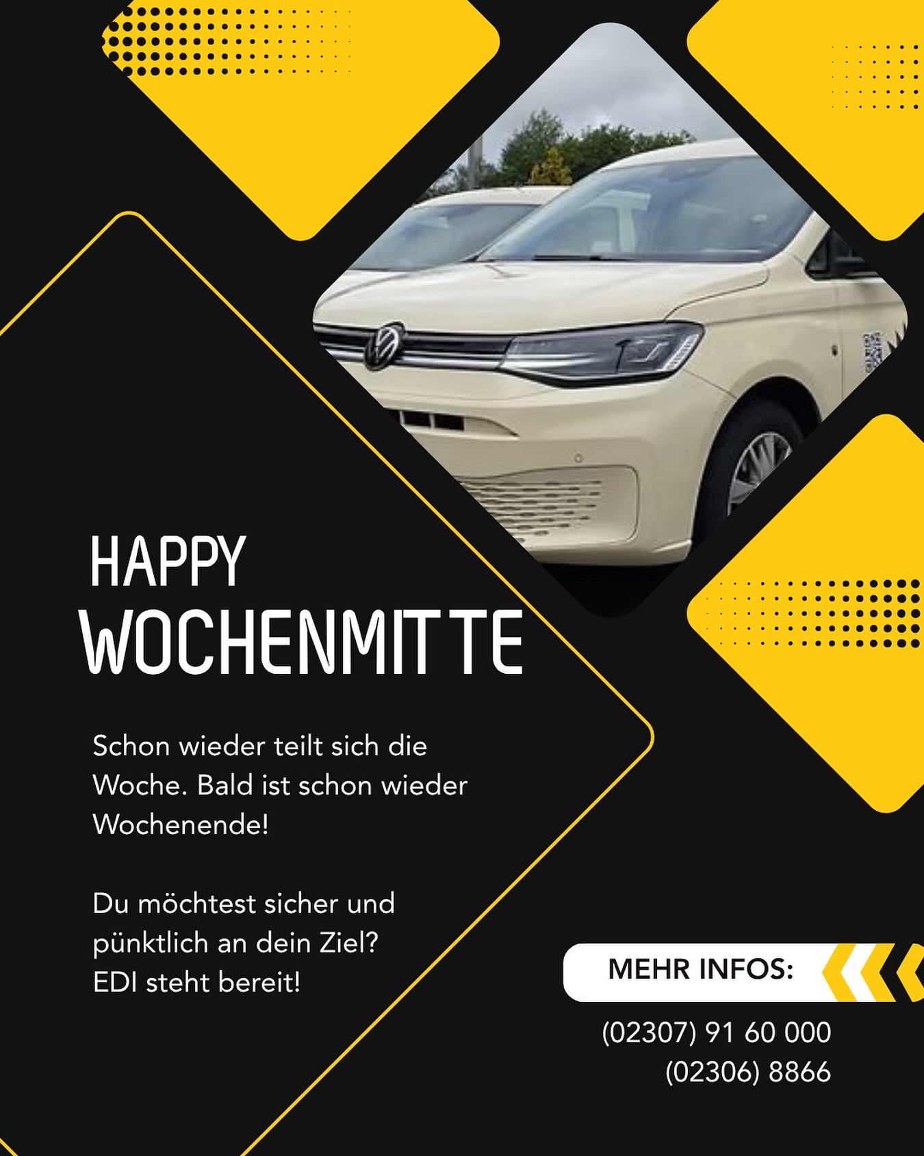 Die Woche teilt sich – und wir sind am Start!
Das #TeamEDI bringt dich sicher, zuverlässig und pünktlich an dein Ziel. 🚕💛
Ob Arzttermin, Behandlung, Dialyse, Flughafen oder Alltag – wir fahren dich!
📞 Mehr Infos direkt unter 02307 / 9160000 oder 02306 / 8866
#TaxiEDI #Krankenfahrt #Transportservice #SicherUnterwegs #PünktlichZuverlässig #Mobilität #ServiceMitHerz #Fahrdienst #Alltagshelfer #Ruhrgebiet #UnterwegsFürEuch 🚖✨