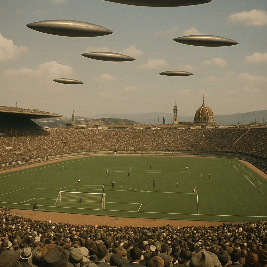During a Fiorentina vs. Pistoiese soccer match at Stadio Artemio Franchi in Florence, Italy, on October 27, 1954, play was suspended as thousands of spectators witnessed cigar-shaped UFOs and a falling silvery, sticky substance dubbed "angel hair."
Over 10,000 spectators saw multiple high-speed, cigar-shaped UFO objects performing acrobatics in the sky. In addition, a white, sticky, stringy substance fell from the sky, covering the stadium and surrounding areas. The referee stopped the match due to the unusual event.
Witnesses, including Fiorentina player Ardico Magnini, described the UFO objects as astonishing and unlike anything they had seen before.
#florence #florenceitaly #florenceitalyufo #ardicomagnini #cigarufo #stadioartemiofranchi #ufo #uap #ufosighting #uapsighting #ufology #aliens #aliensarereal #arealiensreal #exosolariaunion