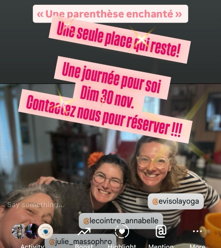A-tu de corps raide, bloqué un peu partout, ton esprit préoccupé et tu trove difficile de se détendre ? Ça sera une journée parfaite pour toi pour apprendre des outils simple et concret qui te permettent de à nourrir ton corps et ton esprit. Idéal avant les fêtes de Noël, souvent très chargé
Tu réparties ressourcé, léger et plus lumineux, tant dans ton corps que dans ton esprit.
À quoi s’attendre : bienveillance, espace en sécurisé, partage, humour, nourriture saine et délicieuse, calme, bien-être, détente, connexion avec soi-même et les autres.
Ouvert à tout le monde, tout âge, tout niveau.
Contactez nous pour réserver ta place ! ( la dernière !!!)
@evisolayoga @annabelle_lecointre @julie_massophro
Eva Cmarova (Evi Sola Yoga)
Professeur diplômée de Yoga (Adultes/ Enfants)
www.evisolayoga.com
07.74.88.72.18