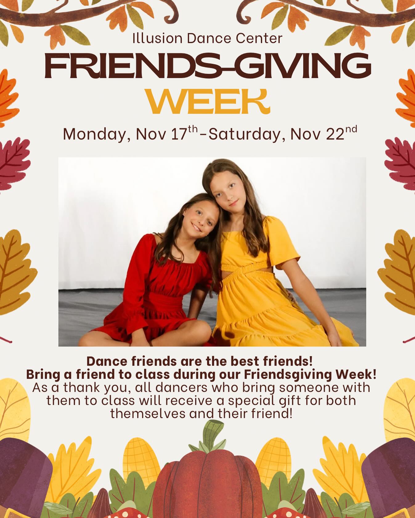 It’s Friendsgiving Week!!
Bring your bestie to class all week long👯♀️
Make sure to stop by the front desk to sign-in & get a complimentary gift for you & your friend💜