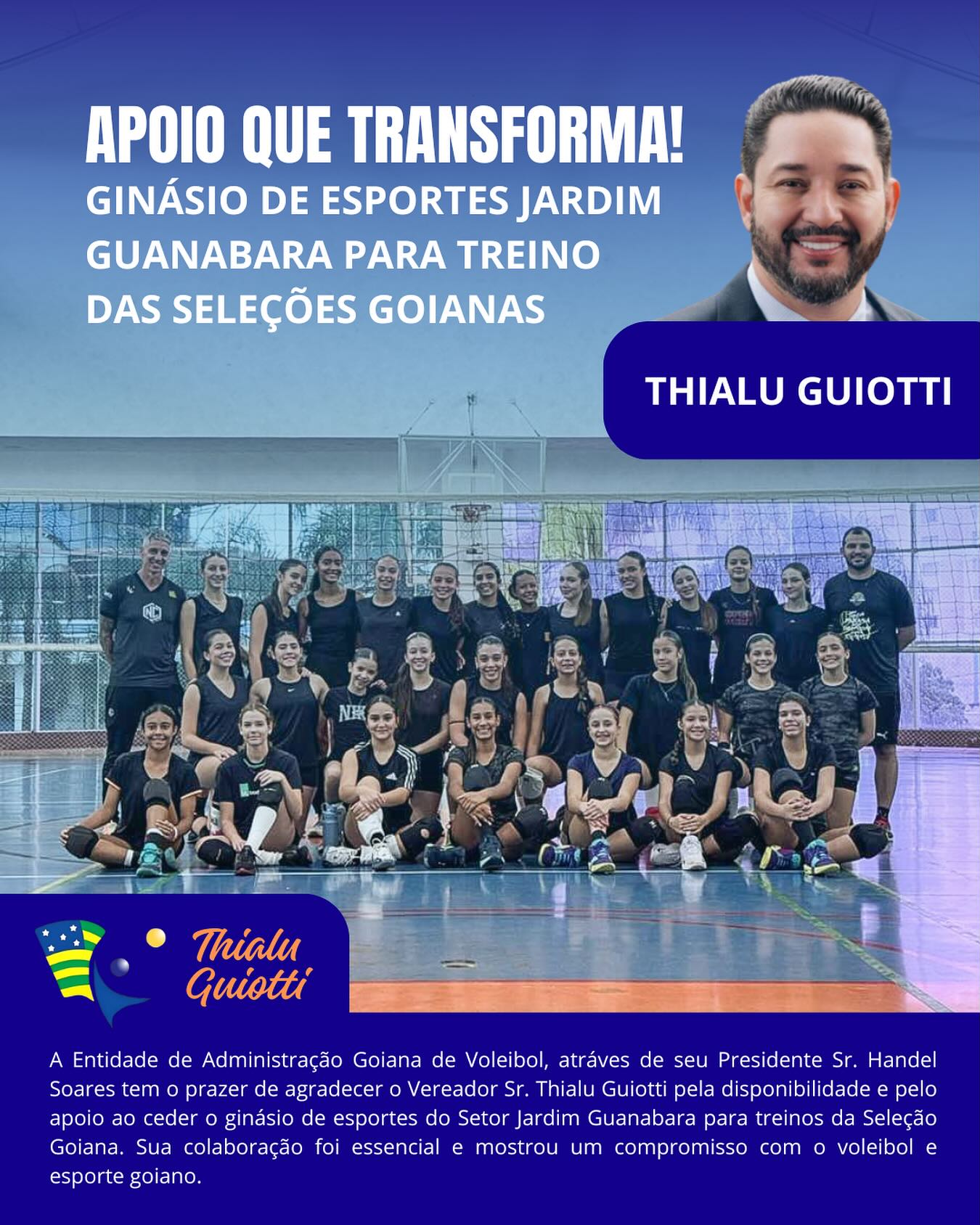Gostaríamos de agradecer ao Vereador @thialu7070 pela sua disponibilidade e interesse em apoiar ao voleibol do nosso estado. O mesmo disponibilizou para as seleções goianas treinarem, o ginásio de esportes do Jardim Guanabara, afirmando seu compromisso com o voleibol goiano. Juntos caminhando para desenvolver o voleibol no nosso estado 🏐🚀