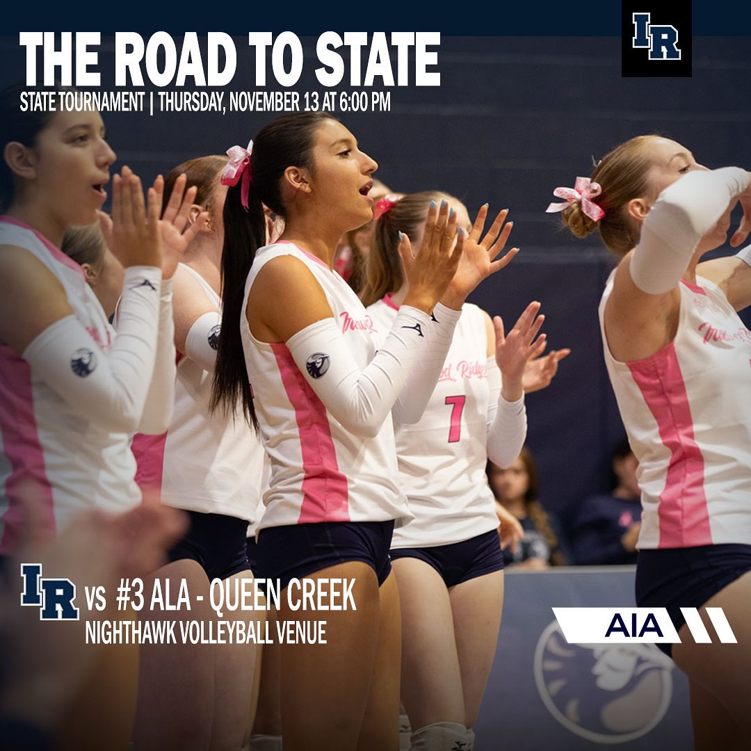 STATE FINAL FOUR! The Road to State goes through Naranja Drive gas the #IRVB Volleyball Venue hosts the 4A State Tournament Semi-Finals tonight!
#2 Ironwood Ridge takes on #3 ALA-Queen Creek with trip to the State Championship on the line. It’s time to pack the gym for some great volleyball.