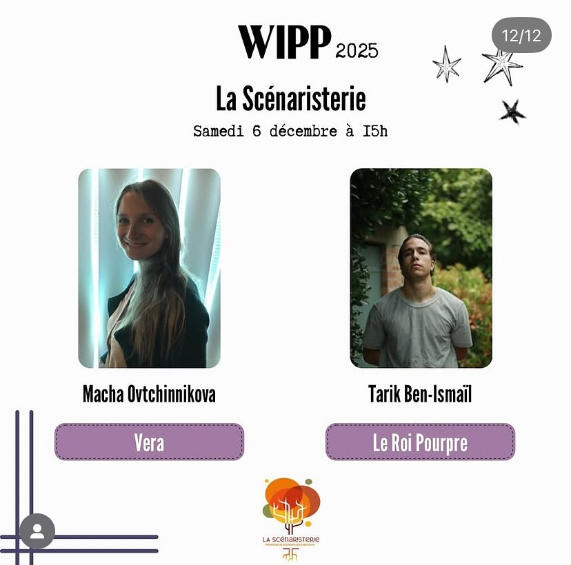 🎤 Ancien·nes de l’Atelier Long-métrage et de l’Atelier Héroïnes de La Scénaristerie, Tarik et Macha pitcheront leurs projets de long-métrages le samedi 6 décembre à 15h au @wippfestival ✨ N’hésitez pas à venir les encourager !