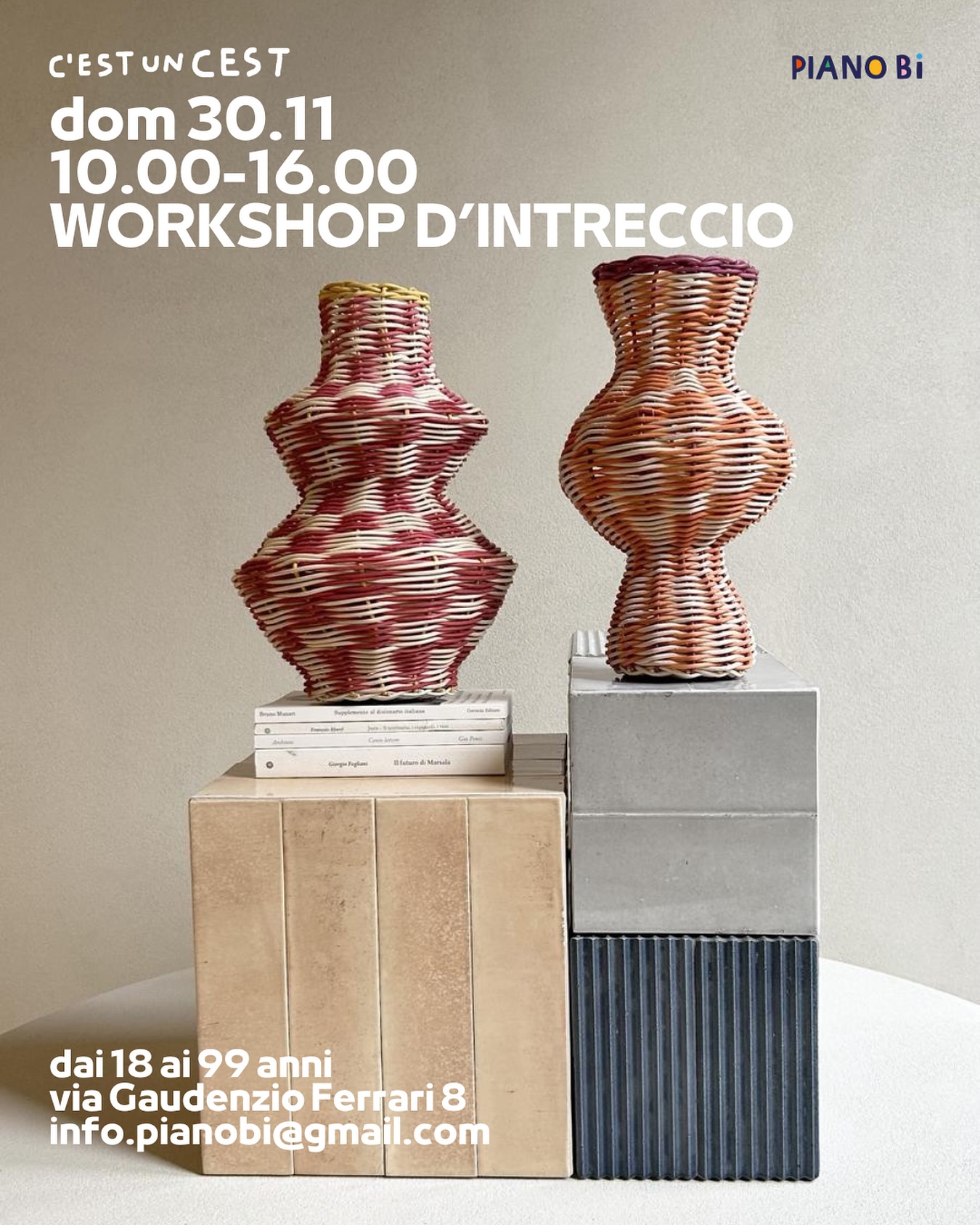 Adulti finalmente è arrivato il vostro turno!
Vi aspettiamo DOMENICA 30 NOVEMBRE per una giornata di workshop in compagnia di @cest.un.cest
Guidati dalle loro sapienti mani impareremo l’arte dell’intreccio e realizzeremo da zero una vera e propria scultura.
Vi aspettiamo dalle 10.00 alle 16.00
Pronti a stupire tutti con il vostro talento?
Per info e prenotazioni info.pianobi@gmail.com
#pianobi #cestuncest #workshop #creativity #milano