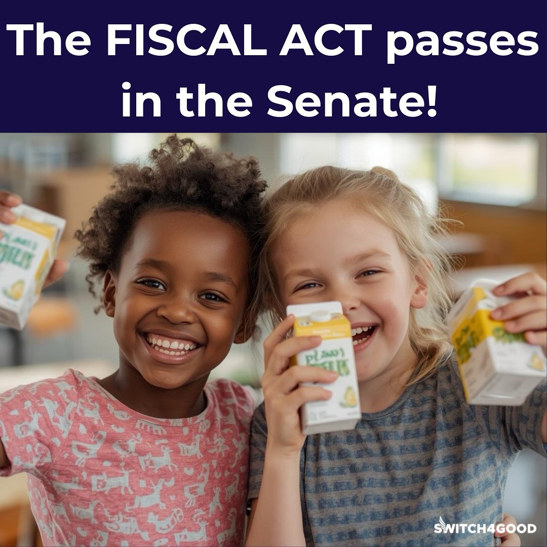 THE FISCAL ACT HAS PASSED IN THE SENATE!! 🙌 🎉 Today, the U.S. Senate unanimously voted to pass a historic piece of legislation spearheaded by @Switch4Good founder and vegan Olympic medalist @veganolympian Dotsie Bausch,
as well as @animalwellnessaction and @centerforahumaneeconomy President Wayne Pacelle.
The landmark legislation will afford public school children the option of non-dairy milk with school lunches, and empower schools to offer a variety of plant milk to students in the lunch
line for the first time in the nearly 80-year history of the National School Lunch Program (NSLP). Attesting to the remarkable and bipartisan nature of the bill, it was also approved unanimously by the U.S. Senate Agriculture Committee in early June, their first such action in three years.
The bill is an amended version of S. 222, the Whole Milk for Healthy Kids Act, which incorporates provisions from the FISCAL Act that Bausch and Pacelle championed through Congress.
Prior to the bill’s passing, under the current guidelines of the NSLP, cow’s milk was mandatorily given to public school children, despite the fact that an estimated 15 million kids participating in the NSLP are lactose intolerant. The bill effectively eliminates the cow’s milk mandate in the
NSLP, thereby offering kids a healthy plant-based alternative to cow’s milk, supporting their freedom of choice.
We owe you a MASSIVE thank you!! Thank you for standing with us and helping move the FISCAL Act through the Senate. Your support, dedication, and belief in this work made all the difference. This victory belongs to all of us 👊