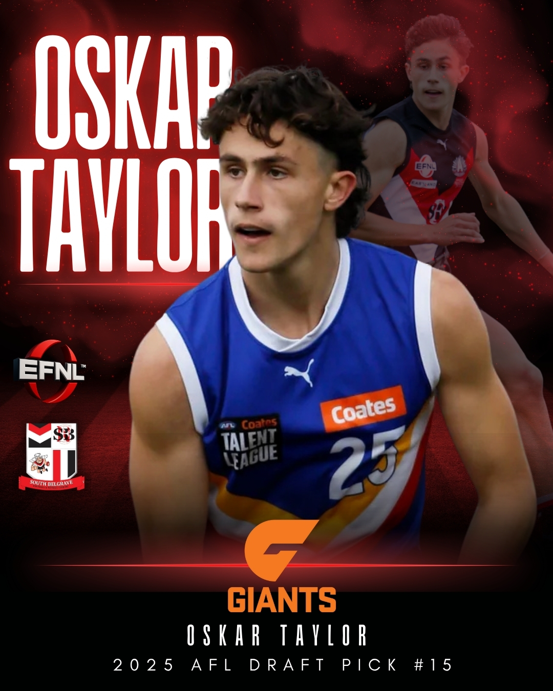 AFL 2025 Draft | Pick Number 15 - Oskar Taylor
Congratulations to @southbelgravefnc's Oskar Taylor, selected at Pick Number 15 in the AFL Draft by the @gwsgiants!