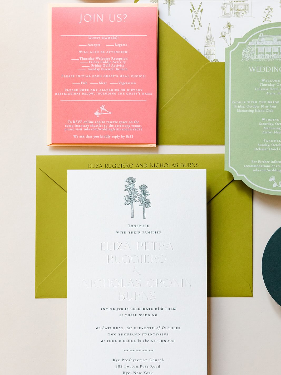 Eliza+Nick’s invitation suite brought classic, whimsy and glam all at once. We wanted to celebrate their love and their roots on both coasts… Ponderosa trees, and skis symbolizing the West Coast and wavy lines to give a nod to the ocean along with various Manursing Island illustrations representing the East coast. Not to mention their embossed names and letterpress to elevate the main invitation with all that pretty texture, and the fun die-cuts we used throughout. Can’t wait to share pictures of the ski-themed escort wall we created as well. Thanks to Adrienne @rufflesandtweed for being an absolute class act and amazing ringleader and to Eliza + Nick for trusting me and for being so lovely and collaborative throughout the process. Congratulations, you two!! ✨✨✨
Photo: @visualsbytanya
.
.
.
#manursingislandclub #nywedding #ryewedding #ryenywedding #letterpressinvitations #letterpresslove #embossed #embossedinvitation #weddinginspo #weddinginspiration #nybride #luxweddings #luxuryweddings #custominvitations #custominvites #weddingillustration