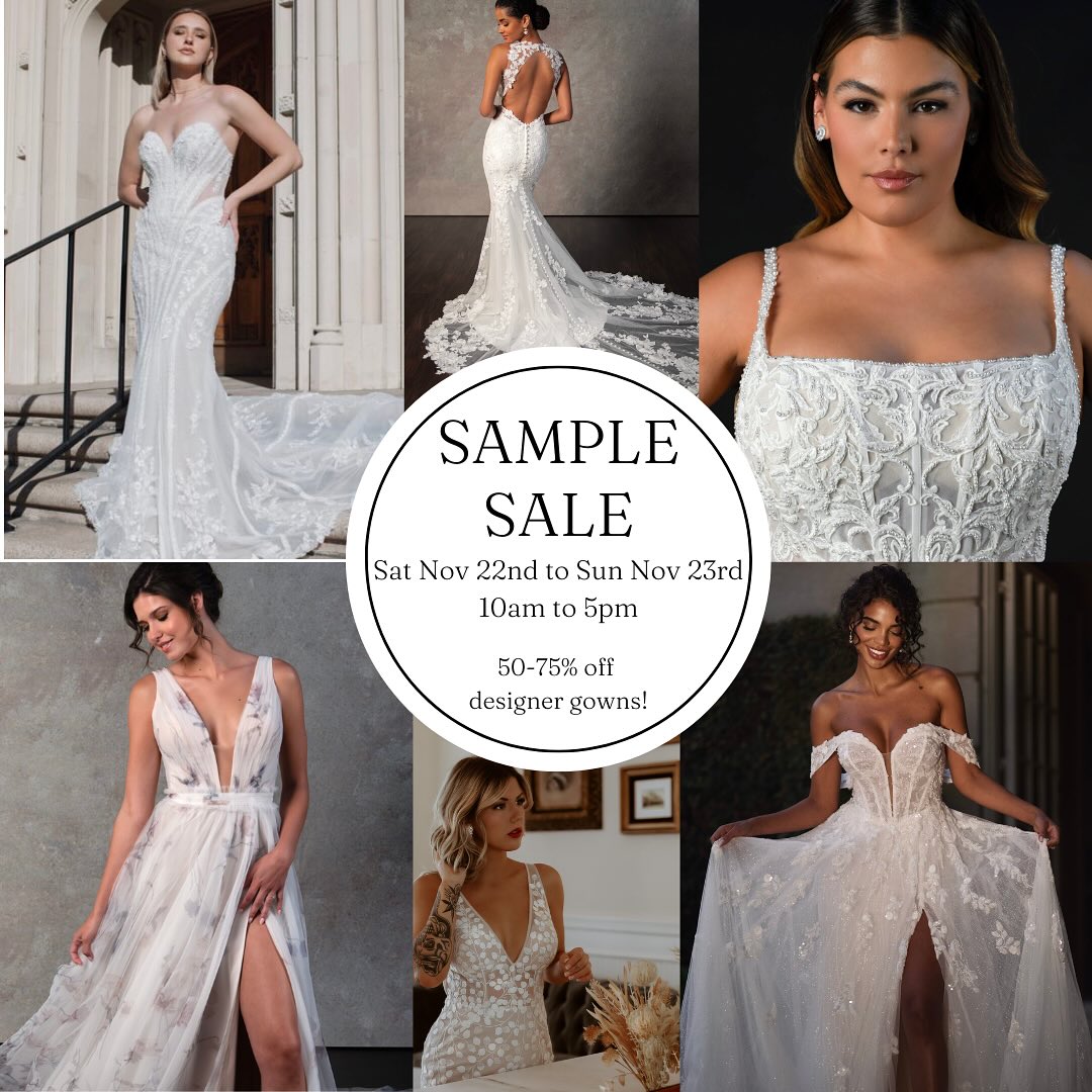 Last sample sale of the year! This weekend SATURDAY, Nov 22nd and SUNDAY 10am to 5pm.
Walk-in or make an appointment if you would like a dedicated stylist to help you.
If you decide to walk in we recommend bringing a friend or family to help zip you up. Email, text or dm us with any questions!
Last season’s dresses will be marked down 40-75% off!
Bridal Gown Samples
starting at $400.
(Sample Sizes for bridal gowns range from size 6 to size 24 - keep in mind that samples are usually 1-2 sizes larger than your normal street size and we can alter dresses down 1-2 sizes without changing the integrity of the dress)
In Stock Veils and Accessories will be marked down 50% off & all special orders will be 20% off!
Dresses from Martina Liana, Essense of Australia, Stella York and All Who Wander will be featured. #martinalianabridal #misstellayork #essenseofaustralia #stellayork #allwhowander #samplesale #budgetbride #bridslgownsample #2026bride