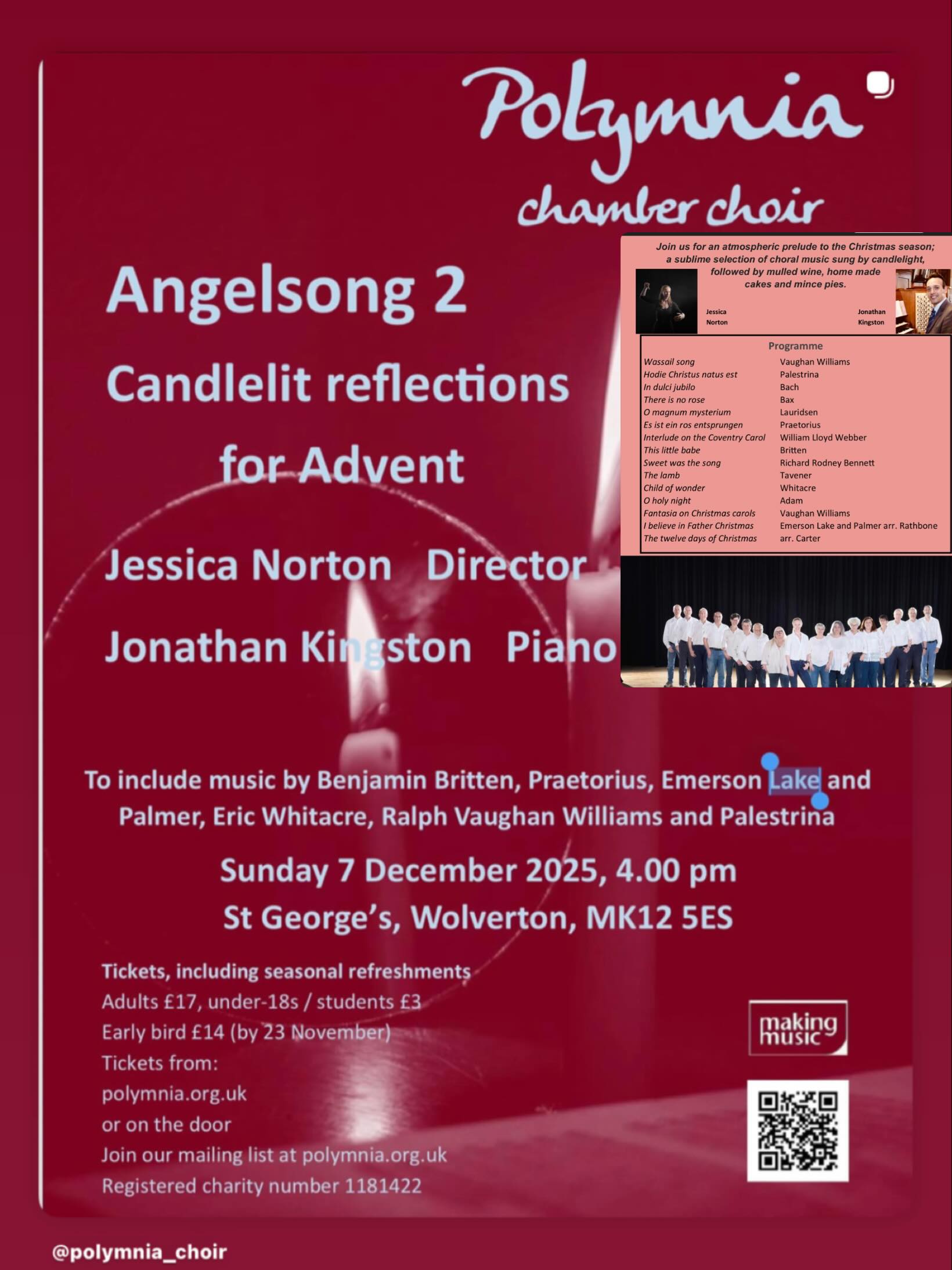 We are loving learning the music for our advent concert Angelsong 2 to be held at St George’s church in Wolverton on December 7th at 4pm.
Please come and join us for this sublime candlelit concert to get your Christmas season of to a great start. Early bird tickets available until 23/11 from Polymnia.org.uk
Seasonal refreshment are included in the ticket price.