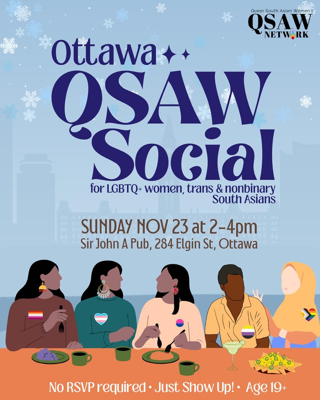 OTTAWA! The weather outside is frightful, but Queer South Asians are so delightful, and since we’ve no (other) place to go, let’s meet up at Sir John A Pub on Nov 23 at 2pm 😎🍻
The meetup is open to all LGBTQ+ South Asian women, trans, and nonbinary folks✨
NO REGISTRATION REQUIRED. Just show up and ask for the Queer South Asian Women’s Network 🥳 (feel free to dm us if you plan to come since we are making reservations)
Can’t wait to see you there!!
•••
#queerdesi #lgbt #lgbtq #gay #lesbian #instagay #instalesbian #queersouthasian #qsaw #ottawa #queerottawa #queering613