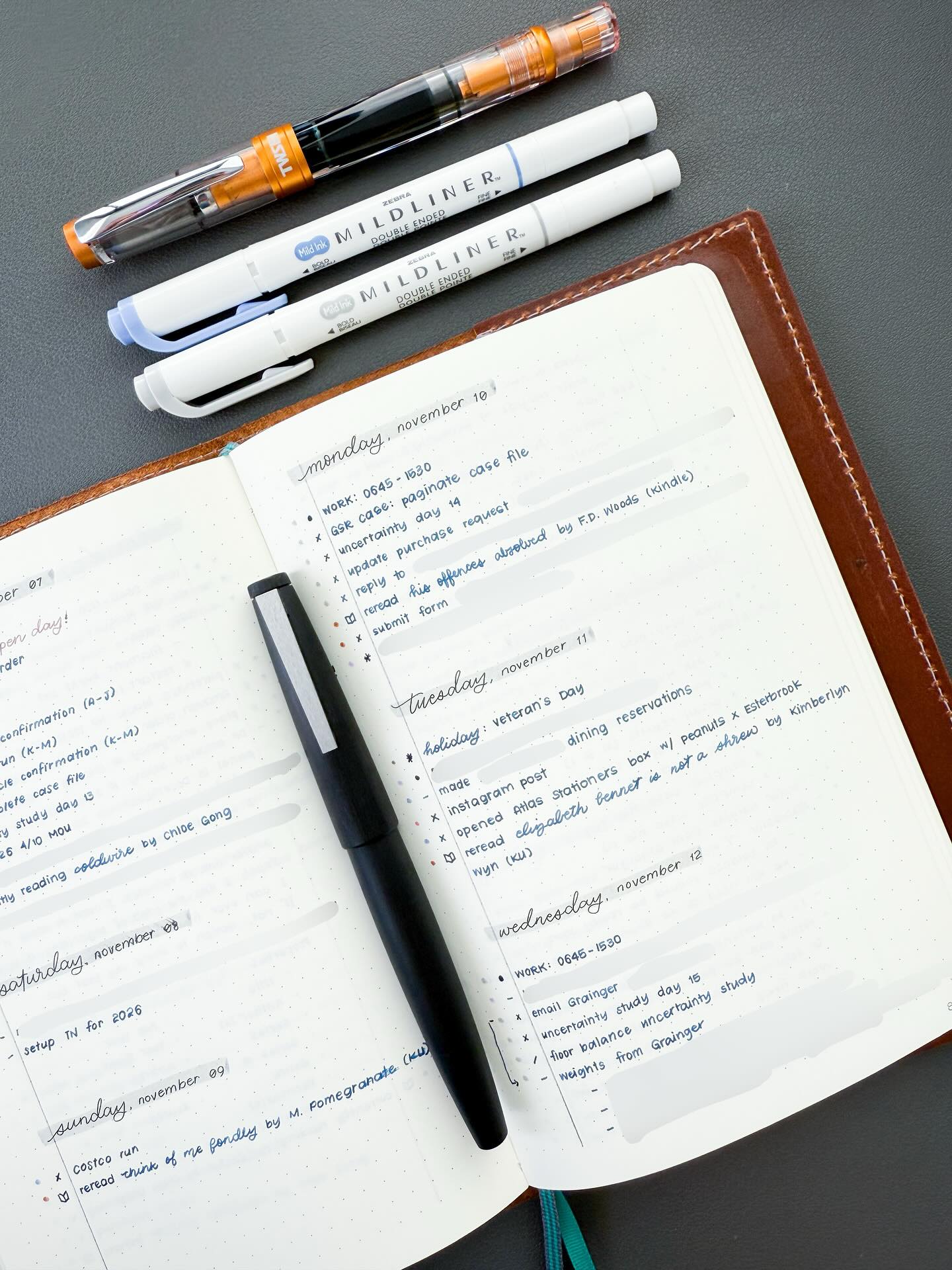 With the holidays nearly upon us, I thought I’d share some of my favorite things from 2025 (both stationery related and not stationery related).
First up is my bullet journal. More specifically, I absolutely love rapid logging! Keeping a daily rapid log keeps me sane, especially when things get really hectic at work, and having it in a notebook opposed to a planner gives me the freedom to write as little or as much as I’d like. I also love that nothing is overly organized. I jot things down as it comes to me without having to worry whether or not it’s in the right place.
My bullet journal paired with a weekly planner for future planning has become the core of my system. I enjoy pairing my bullet journal with a planner because I absolutely hate making weekly or monthly spreads. 😅 Major props to those of you that do!
Have you tried bullet journaling yet?
Photographed:
@leuchtturm1917usa B6+ Dotted notebook
@lamypens 2000 <EF> with Waterman Mysterious Blue
@twsbi 580 <EF turned into a NP> with De Atramentis Document Black
@zebrapen_usa Mildliners