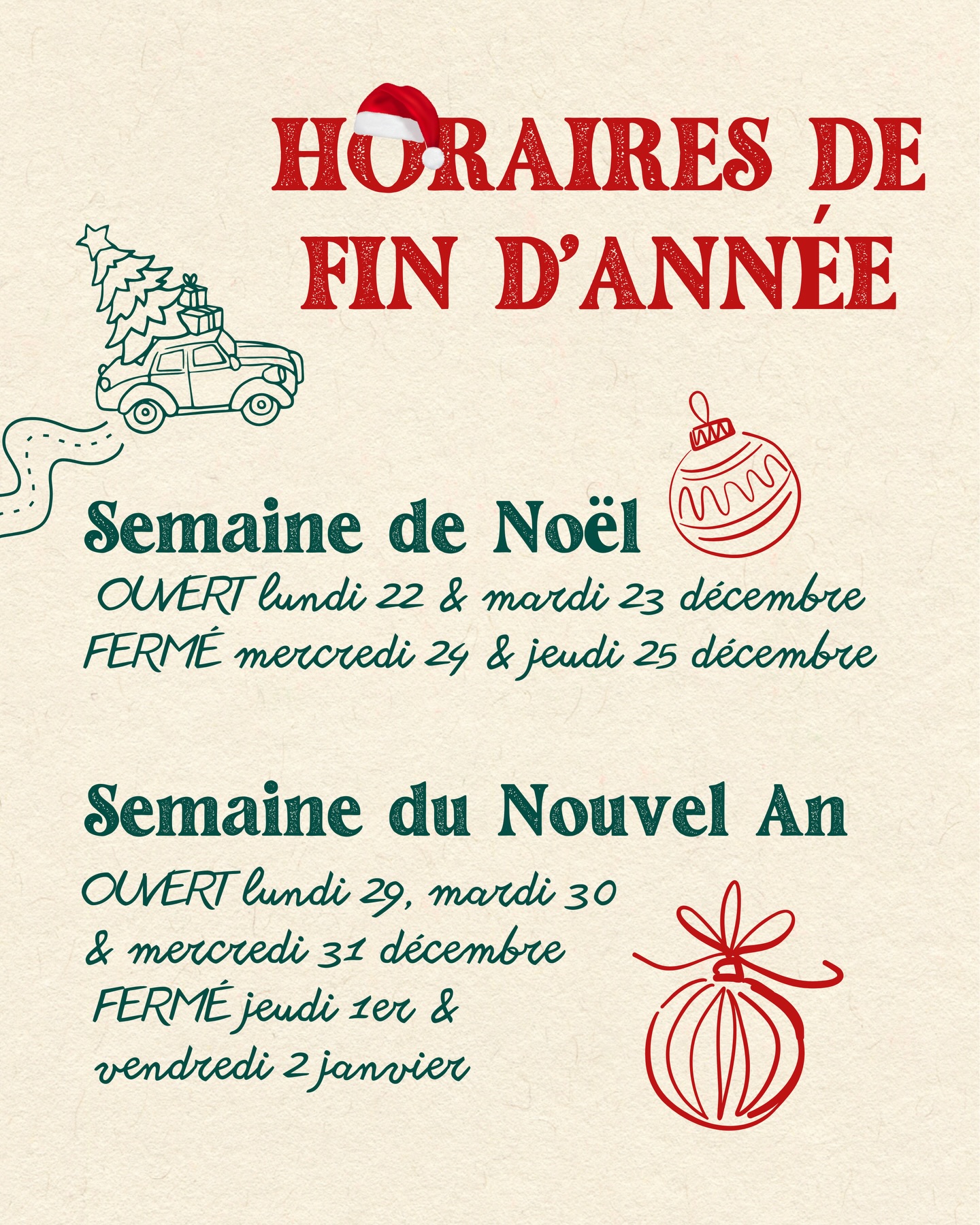 🎄 Horaires de fin d’année 🍾
Pour les fêtes, on ajuste un peu le rythme 🍝☺️.
📣 Les autres jours de la semaine restent inchangés.
→ Semaine de Noël
Ouvert lun. 22 & mar. 23
Fermé mer. 24 & jeu. 25
→ Semaine du Nouvel An
Ouvert lun. 29, mar. 30 & mer. 31
Fermé jeu. 1er & ven. 2
On vous souhaite de très belles fêtes, pleines de gourmandise et de moments partagés ❤️🇮🇹.
~
𝑳𝒂 𝑵𝒐𝒏𝒏𝒂, 𝒗𝒐𝒕𝒓𝒆 𝒕𝒓𝒂𝒕𝒕𝒐𝒓𝒊𝒂 𝑺𝒂𝒃𝒍𝒂𝒊𝒔𝒆
💛 Mer → Dim I fermé lun & mar
🍕 PIZZE aussi disponibles à emporter (lien du Click & collect en bio) !