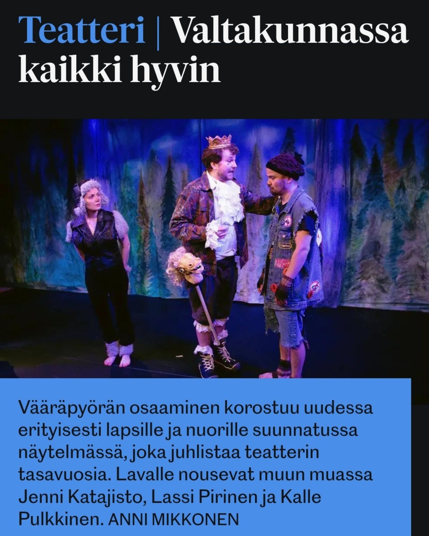 Aapo Lehtinen kirjoitti Kaverljista Karjalan Heiliin ❤️ jutun voi lukea täältä:
https://www.heili.fi/paikalliset/9005869
Seuraava esitys su 23.11. klo 13 osana VALO-lastenkulttuurifestaria!
Muut tulevat esitykset:
pe 28.11. klo 18
la 29.11. klo 15
la 6.12. klo 15
su 7.12. klo 15
ke 10.12. klo 18
ti 6.1. klo 15
pe 9.1. klo 18
la 10.1. klo 15
ke 14.1. klo 18
#teatteri #lastenteatteri #musiikkiteatteri #lastenkulttuuri #joensuunpakkahuone #joensuu #lastentapahtumat