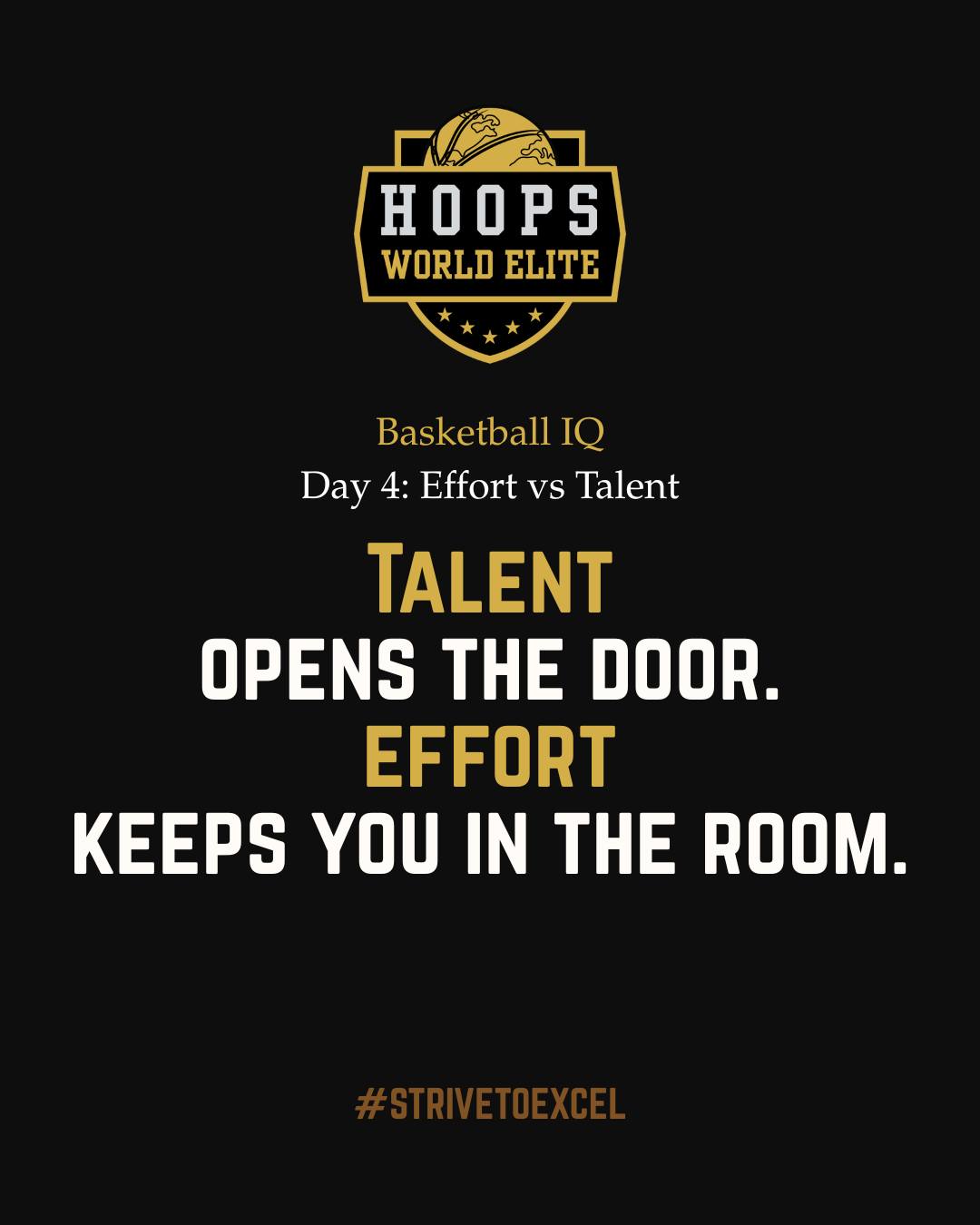 🏀 Day 4: Effort vs. Talent
30 Days of Basketball IQ • Hoops World Elite x Hoppy the Hooper 🦶
Talent opens the door.
Effort keeps you in the room.
Talent can make plays.
Effort makes habits.
When the game gets tough,
talent looks around while
effort locks in.
You can’t control your height,
your opponent,
or the refs.
But you can control your hustle.
And that’s what coaches remember.
🔥 STRIVE Focus: SACRIFICE
Effort means giving more than what’s comfortable.
It’s choosing work when others choose rest.
It’s showing up when it would be easy to coast.
That’s what separates good from great.
🧠 Affirmation:
“My effort never depends on who’s watching.”
🦶 Hoppy says:
“Talent might sparkle, but effort grinds.
Even Bigfoot puts in the extra miles.” 🏔️
💪 Follow @HoopsWorldElite for 30 Days of Basketball IQ and build your game from the inside out.
#HoopsWorldElite #HoppyTheHooper #STRIVE #Sacrifice #BasketballMindset #EffortOverTalent #YouthBasketball #BasketballIQ #TeamCulture #NextPlay