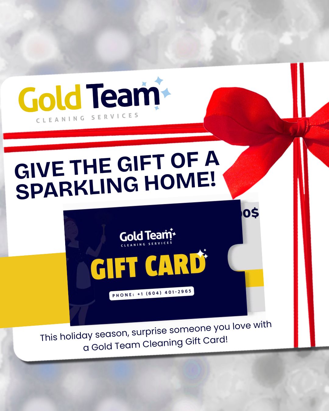 ✨ Give the Gift of a Sparkling Home! ✨
This holiday season, surprise someone you love with a Gold Team Cleaning Gift Card! 🎁✨
Because nothing says care like giving them the gift of more free time, less stress, and a beautifully clean home.
Perfect for:
✔ Busy families
✔ New parents
✔ Teachers
✔ Friends who “have everything”
✔ Or even… yourself!
Spread joy. Spread comfort. Spread clean.
Gift cards available now!
#GoldTeamCleaning #HolidayGiftIdea #GiftCardSeason #CleanHomeHappyHome #HolidayGifts #GiveTheGiftOfClean #CleaningServices #HomeCleaning #MaidService #ChristmasGiftIdeas
