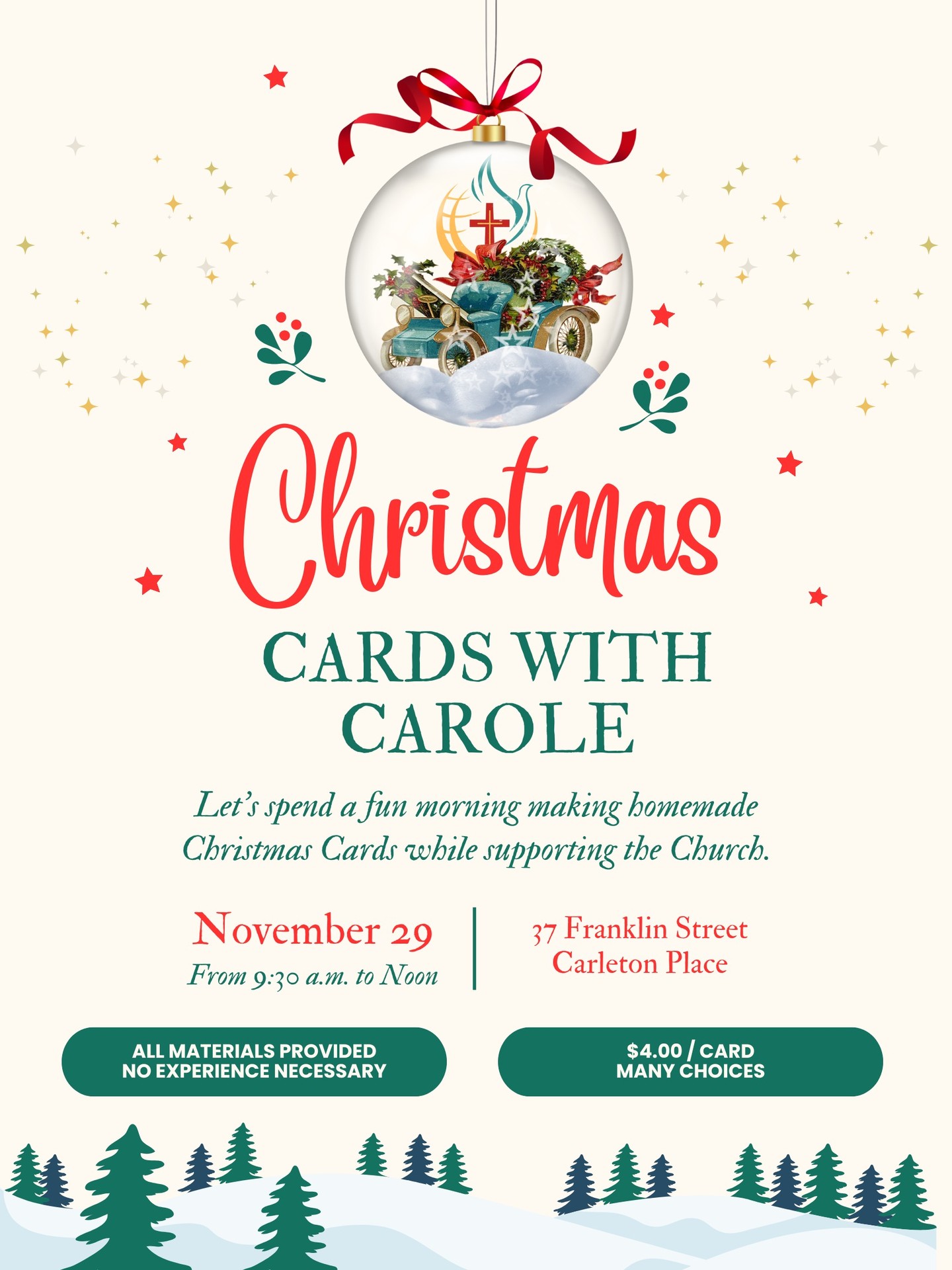Join Carole on the 29th of November to hand craft Christmas Cards.
$4/card. No experience necessary. All materials provided. Proceeds to assist with the mission and service of the church.