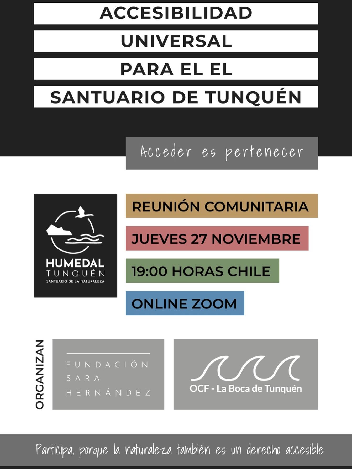 Acceder es pertenecer
Porque la accesibilidad también es una forma de participación ecológica y comunitaria, queremos invitarles a participar en una reunión comunitaria abierta para conversar sobre el proyecto de Accesibilidad Universal desde la comunidad de La Boca hacia el Santuario de la Naturaleza Humedal Tunquén.
Este encuentro busca recoger ideas, necesidades, experiencias y preocupaciones, especialmente de personas con discapacidad, familias, especialistas e integrantes de la comunidad local, con el fin de avanzar hacia un acceso inclusivo que permita que todas las personas puedan disfrutar, conocer y cuidar el santuario.
Agradecemos profundamente su participación, que es clave para construir un acceso que refleje las necesidades reales de nuestra comunidad y promueva una relación más justa y sensible con el territorio.
Quedamos atentas y atentos a su confirmación o consultas.
#santuariodelanaturaleza #humedaltunquén #accesibilidaduniversal♿️