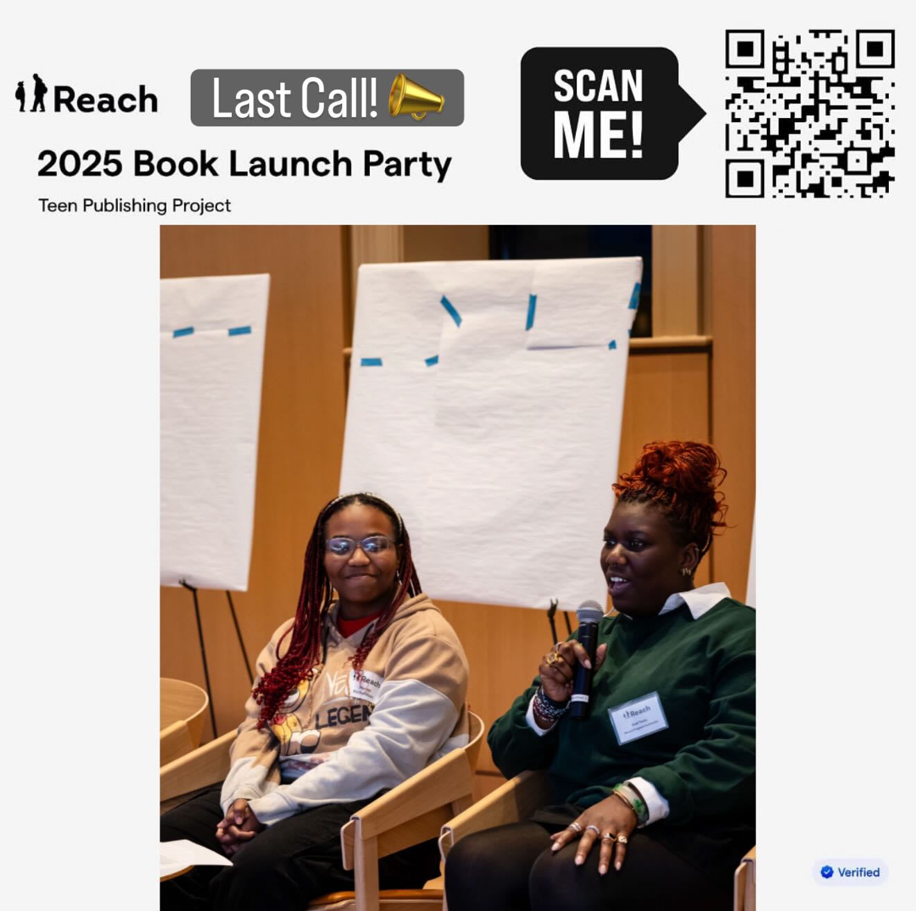 🚨‼️ There’s still time to get your ticket! Scan now for information on Reach Incorporated’s 2025 Book Launch!
Join us as we celebrate the power of youth voices and storytelling!
🗓 Date: Thursday, November 20
🕕 Time: 6:00 – 8:00 PM
📍 Location: True Reformer Building, Washington, DC
This special evening will spotlight the incredible work of DC high school students who have written and published original children’s books through Reach’s Teen Publishing Project.
Attendees will enjoy author readings, book signings, and an opportunity to support the next generation of changemakers.
🎟 Reserve your ticket or make a donation at the following on our GiveButter page: https://givebutter.com/BookLaunch2025
#reachincorporated #youthleadership #literacymatters #education #socialimpact #booklaunch2025 #supportyoungauthors