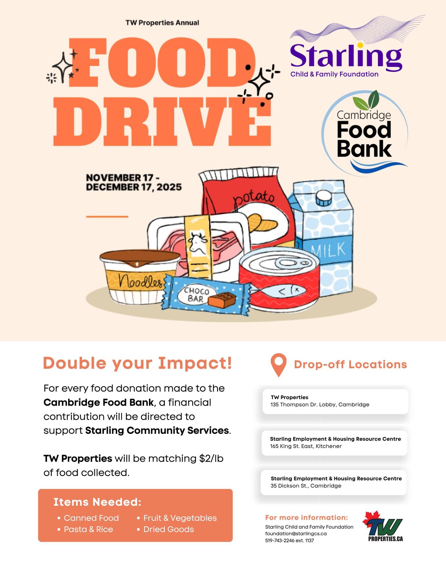 ✨Double the good this holiday season with TW Properties Annual Food Drive!
From Nov 17 – Dec 17, TW Properties (@twpropertiescanada) will donate $2 for every pound of food collected for Cambridge Food Bank (@cambfoodbank) to the Starling Child and Family Foundation.
✅ What to donate:
✔️ Canned goods (beans, soups)
✔️ Pasta, rice, cereal, potatoes
✔️ fruits & vegetables
Want to help? Drop-off your food drive items to:
📍 165 King St, Kitchener
📍 35 Dickson St, Cambridge
Or contact the Starling Child and Family Foundation at foundation@starlingcs.ca or call us at 519-743-2246 ext. 1137
Let’s feed families and support youth in Waterloo Region this holiday season. 💙
#GiveBack #CommunityLove #FoodDrive #StarlingFoundation #TWProperties #CambridgeFoodBank