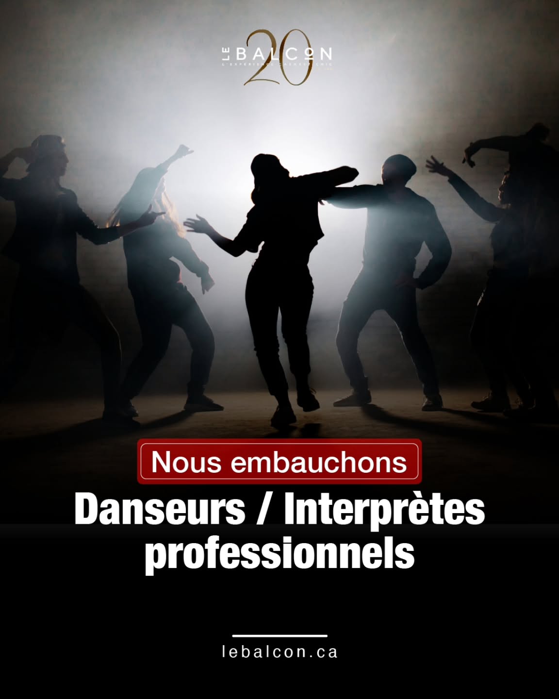 NOUS EMBAUCHONS
Nous recherchons des danseurs / interprètes professionnels dans le milieu de la comédie musicale ou de la variété.
Le candidat performera dans le cadre de notre programmation régulière durant la formule souper-spectacle.
✨ Profil recherché :
• Danseurs/interprètes professionnel
• Solide technique + présence scénique
• Créativité, autonomie et aisance en création
• Expérience en comédie musicale / variété
Merci d'envoyer votre candidature avec votre portfolio (incluant lien vidéo) à adm@lebalcon.ca